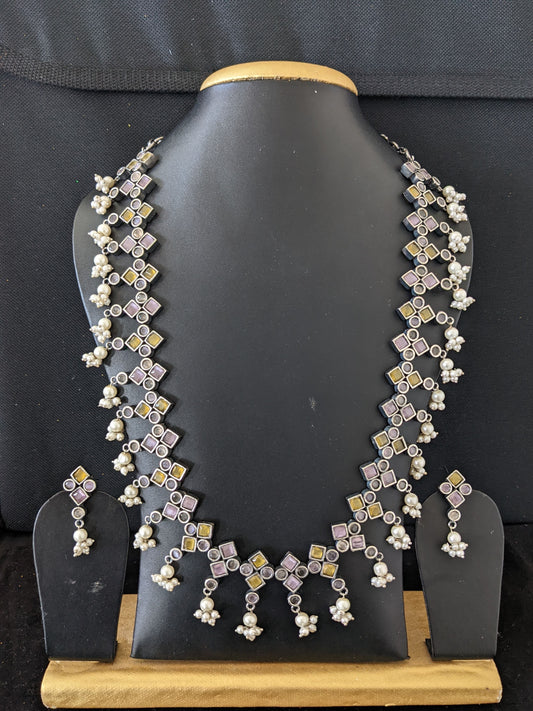 Pastel color CZ stone Guttapusalu Long haram and earrings set