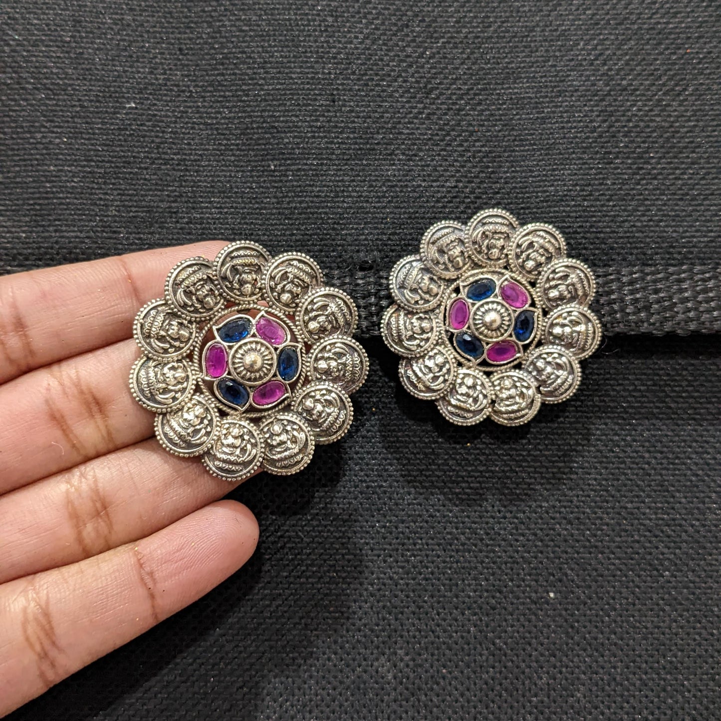 German silver Goddess Lakshmi large stud earrings - Simpliful