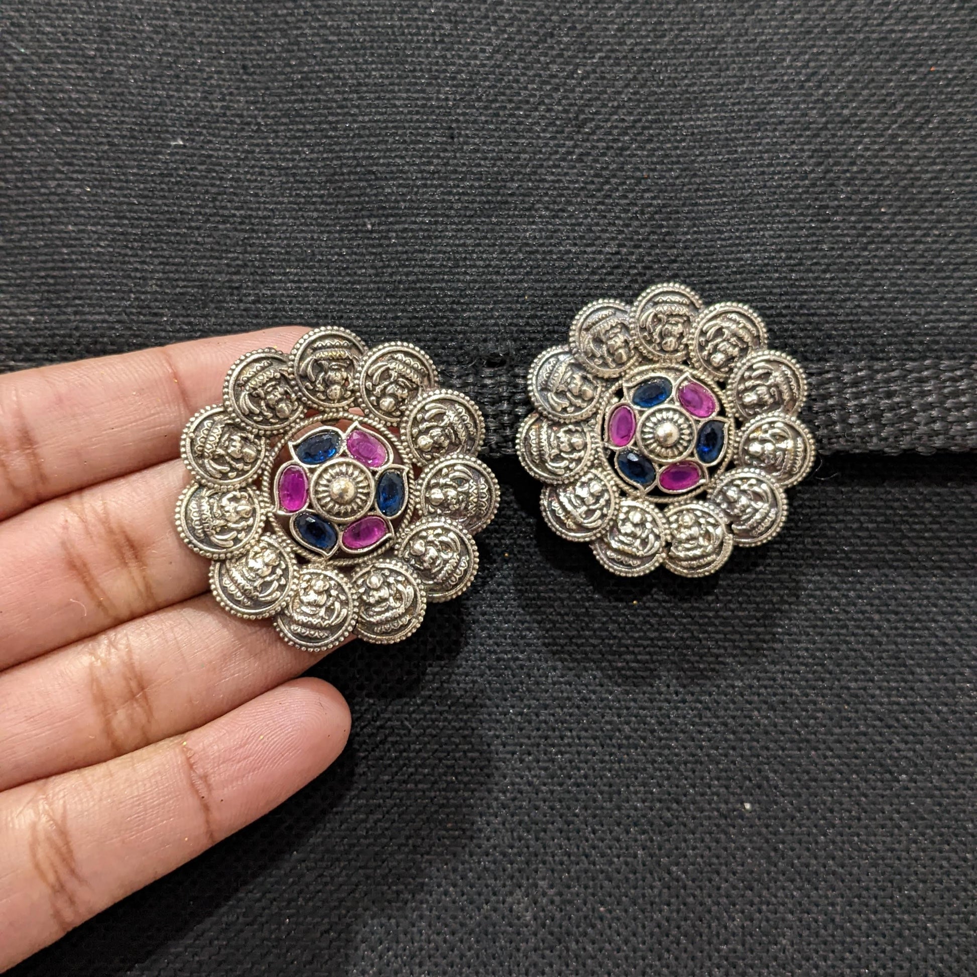 German silver Goddess Lakshmi large stud earrings - Simpliful