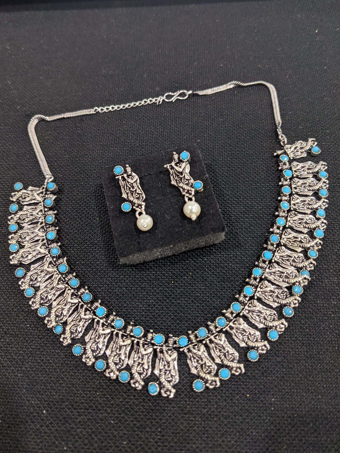Oxidized Silver Lord Krishna Choker Necklace and Earring set - Simpliful