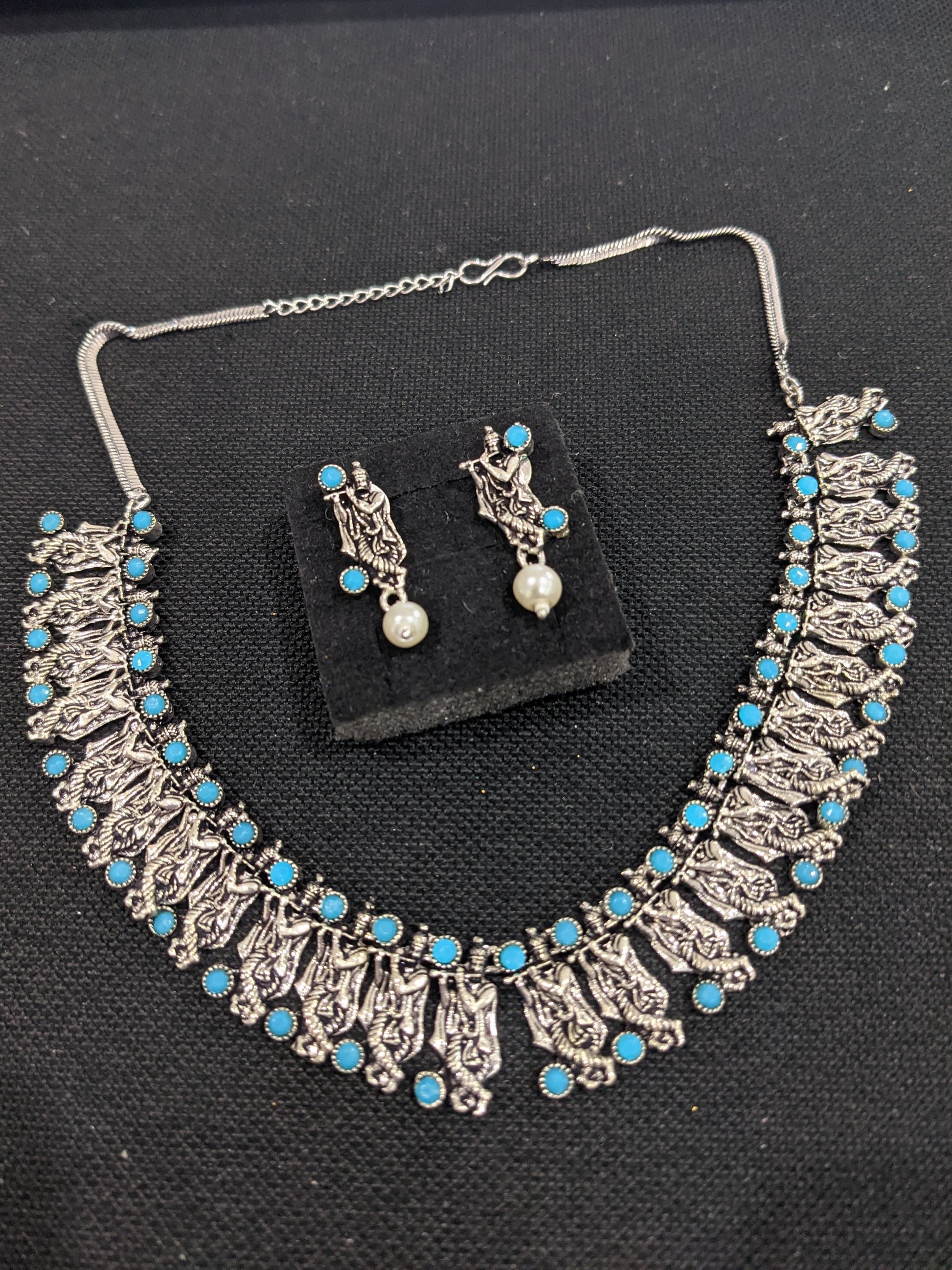 Oxidized Silver Lord Krishna Choker Necklace and Earring set - Simpliful
