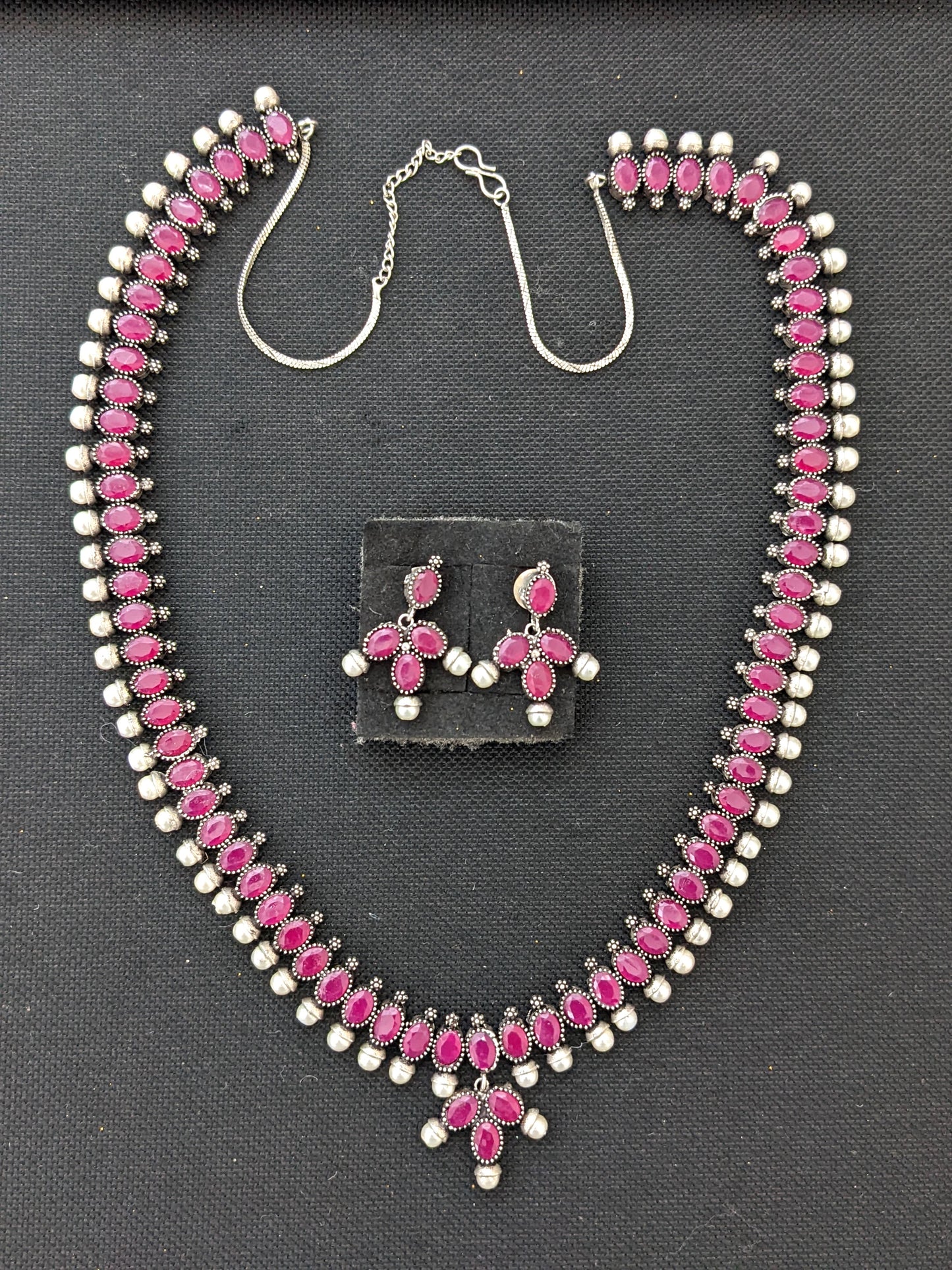 Oxidized Silver Oval Polki stone Long necklace and stud earrings set