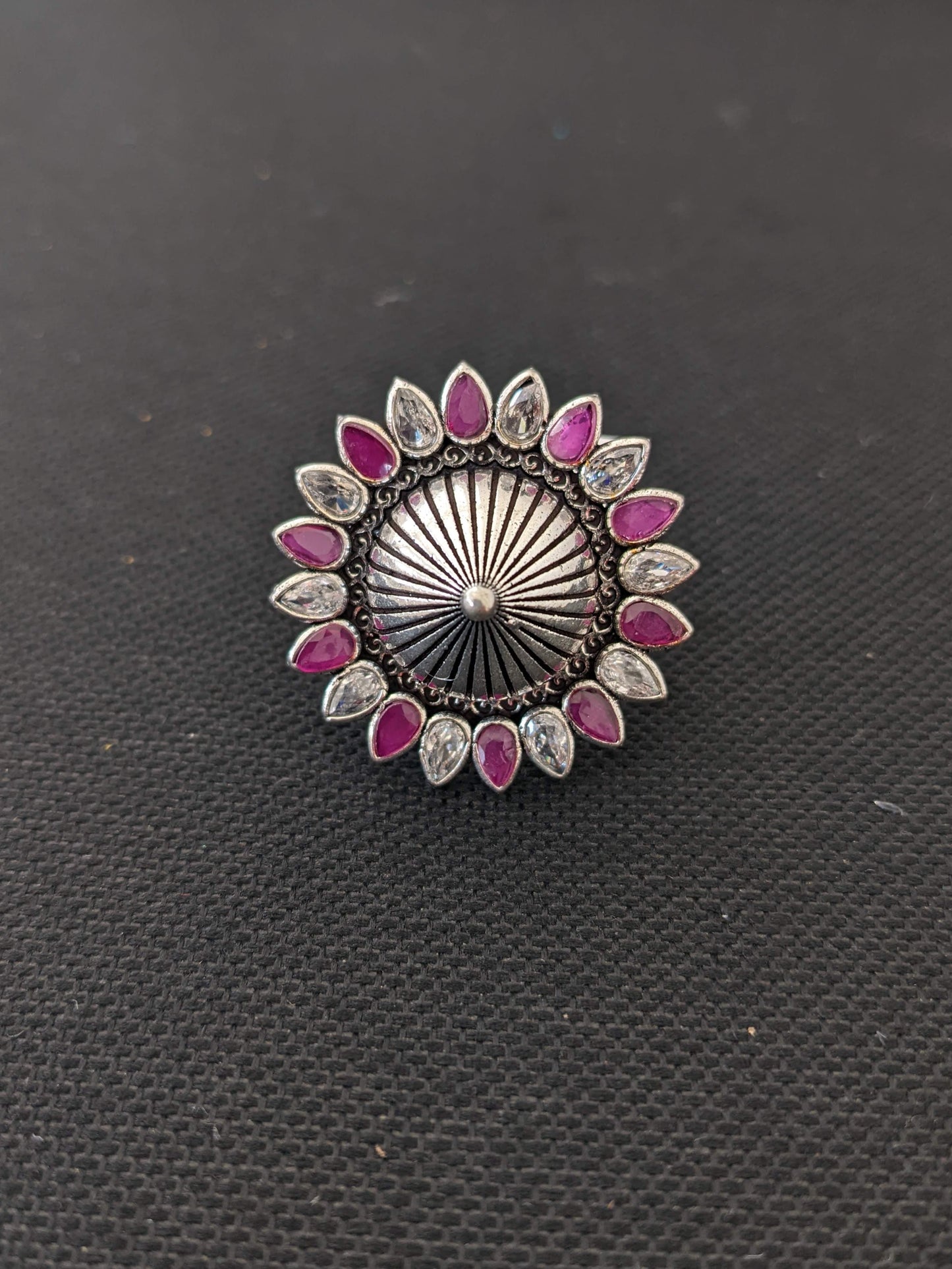 Oxidized silver flower with projected center design adjustable Finger ring - Simpliful