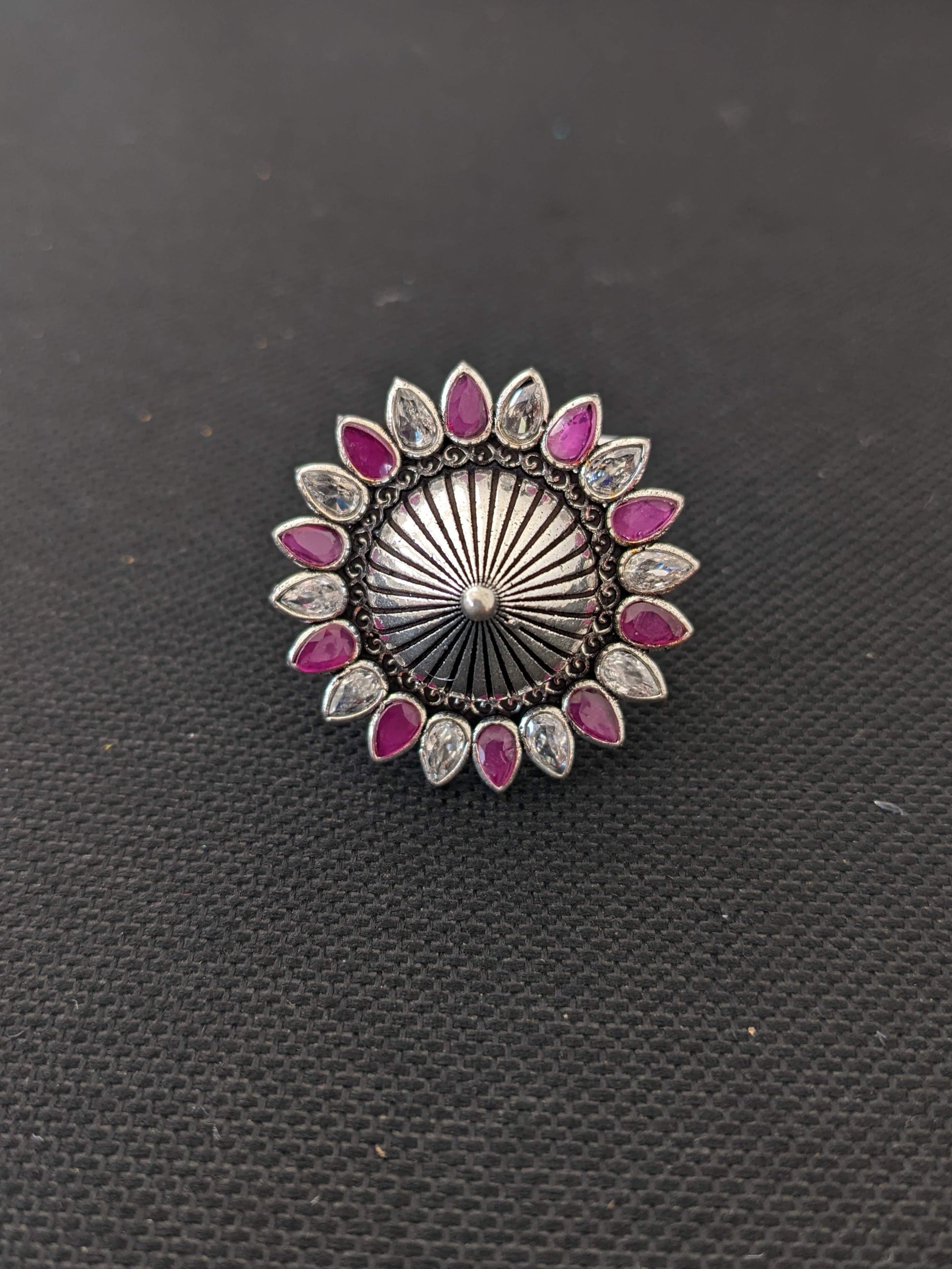 Oxidized silver flower with projected center design adjustable Finger ring - Simpliful