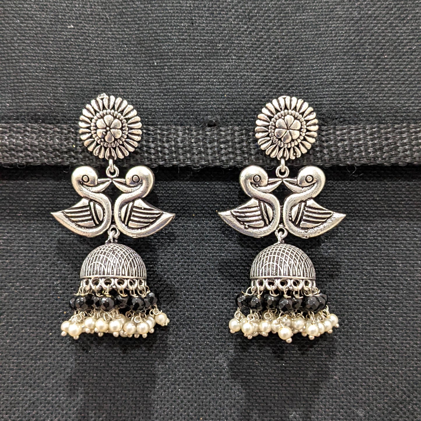Oxidized silver dual swan jhumka Earrings - Simpliful