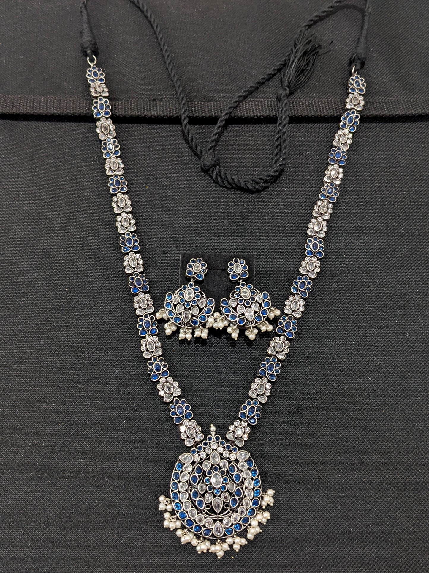 Flower design CZ stone German Silver Long haram and earrings set