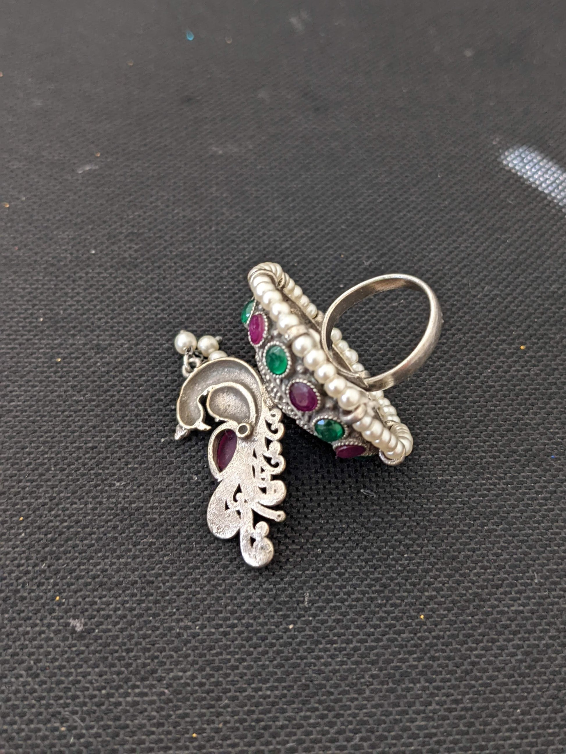 Oxidized silver Peacock standing adjustable Finger ring - Simpliful