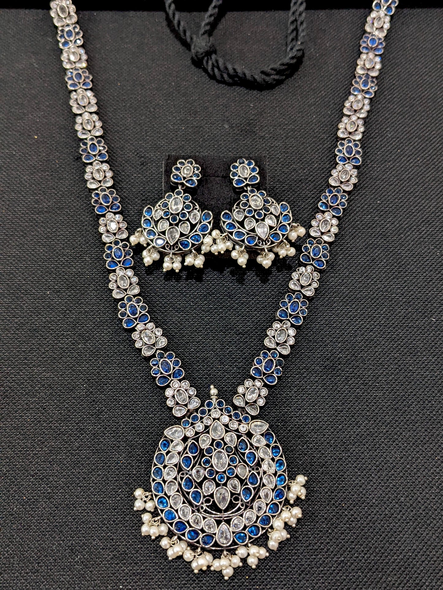 Flower design CZ stone German Silver Long haram and earrings set