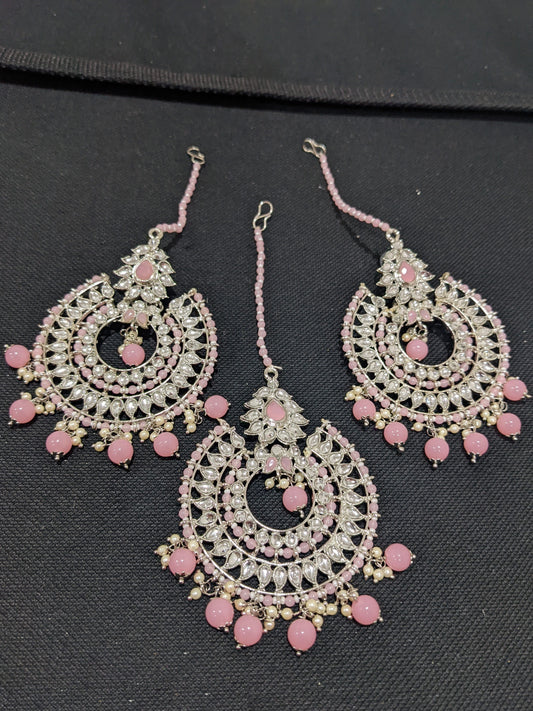 XXL size Bright silver Chandbali Earrings Tikka Combo