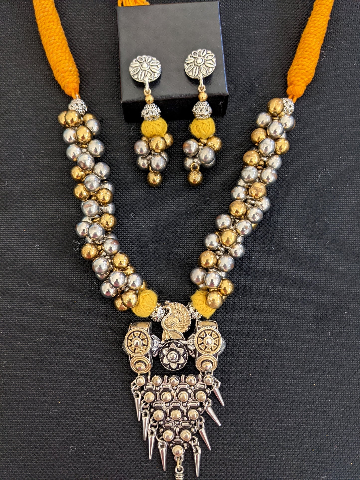 2 tone triangle pendant with colorful thread Necklace and earrings set
