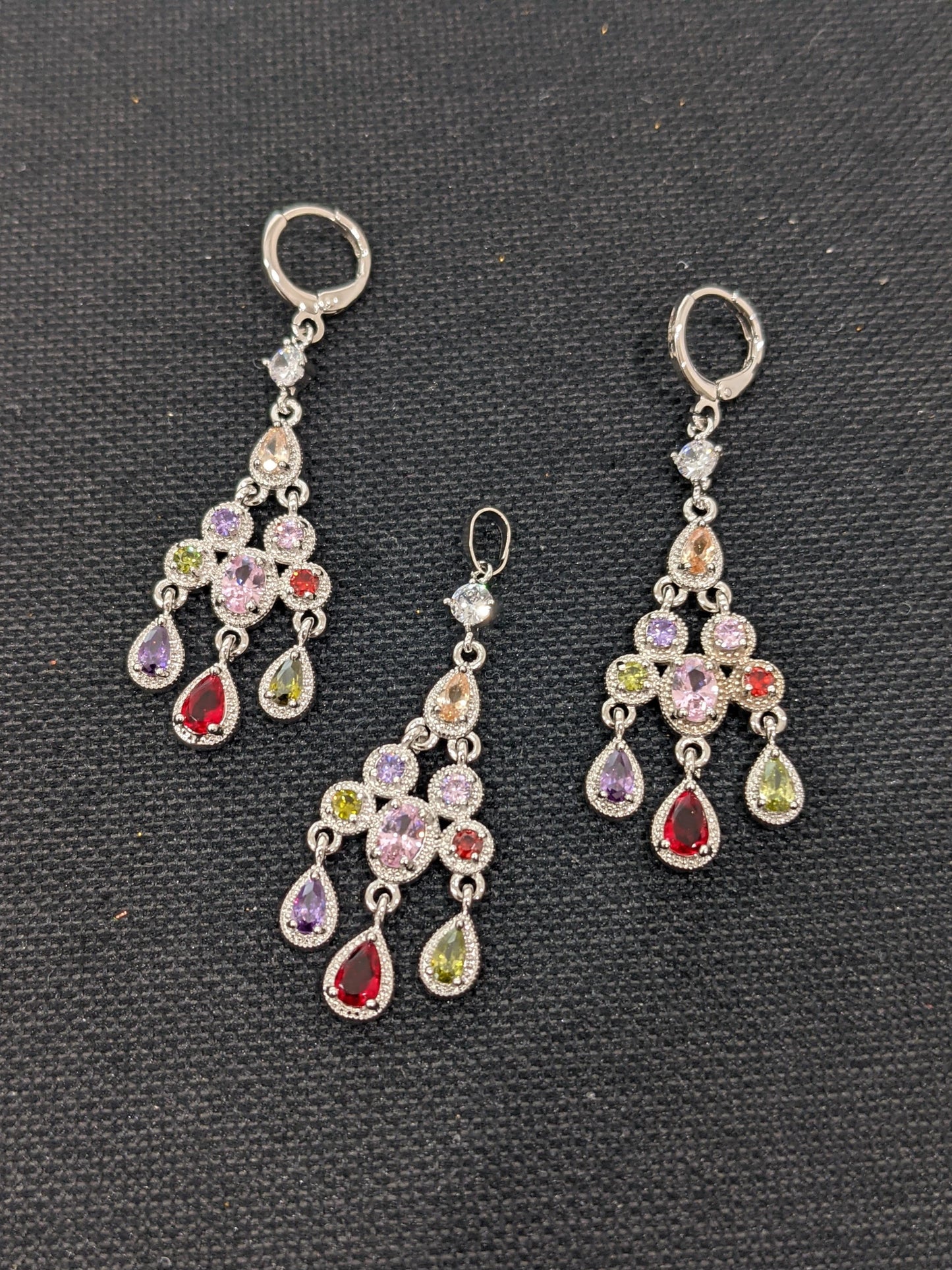 Multi color CZ stone Teardrop dangle Pendant and Earrings Set