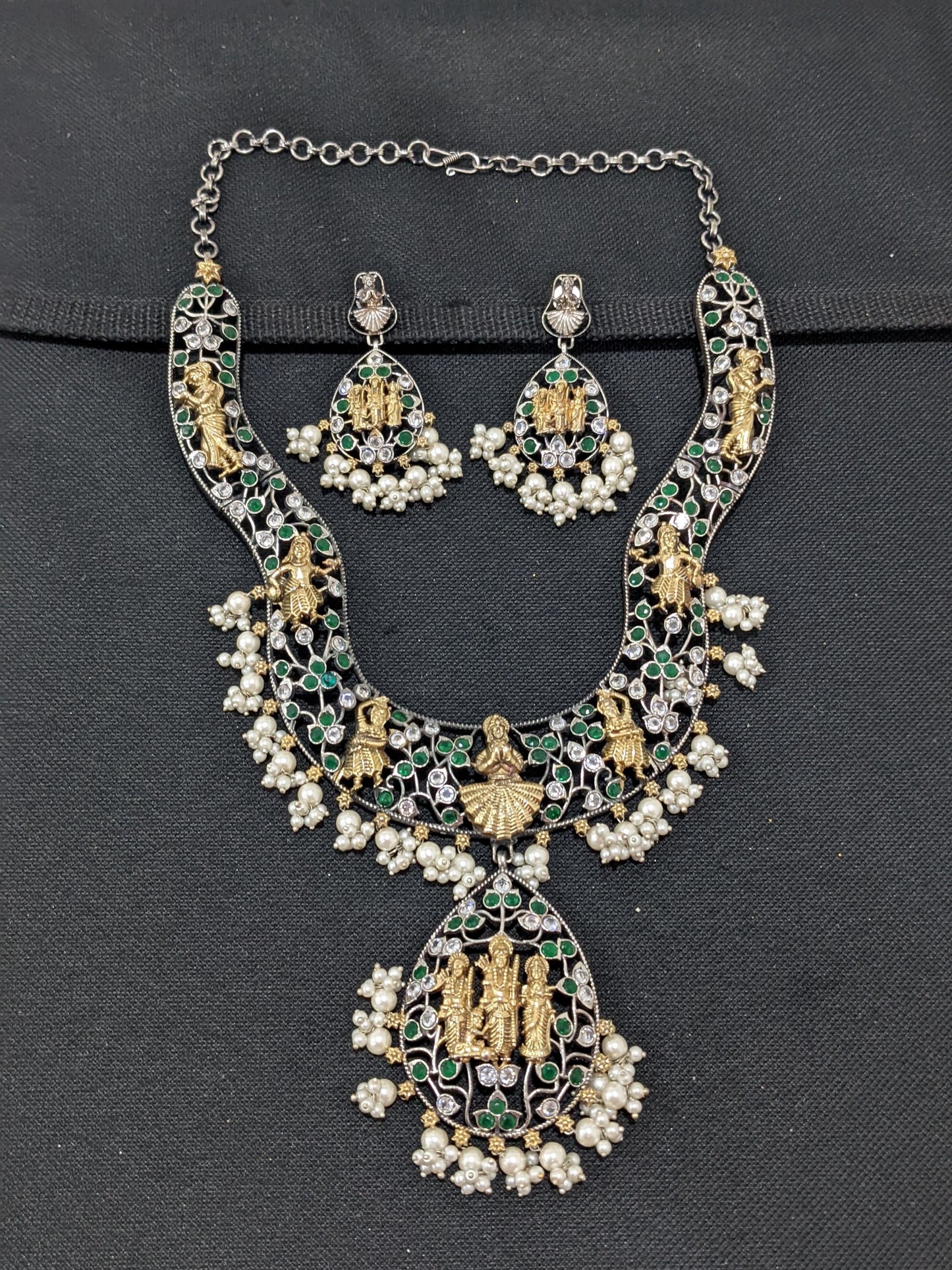 Ram Parivaar design German Silver Long haram and earrings set