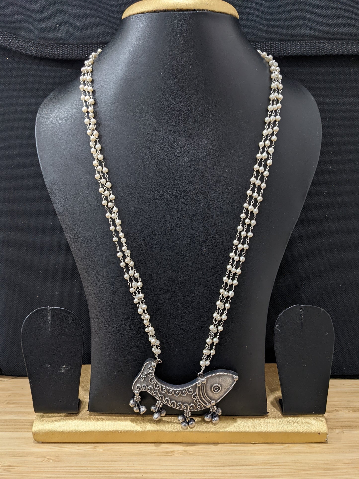 Fish Pendant Pearl Chain Oxidized Silver Necklace