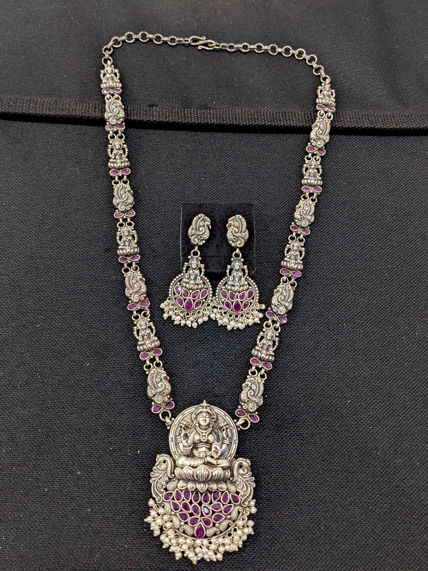 Lakshmi ji design CZ stone German Silver Long haram and earrings set