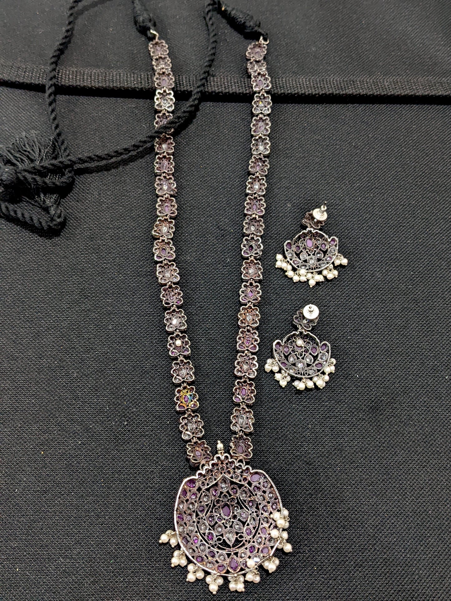 Flower design CZ stone German Silver Long haram and earrings set