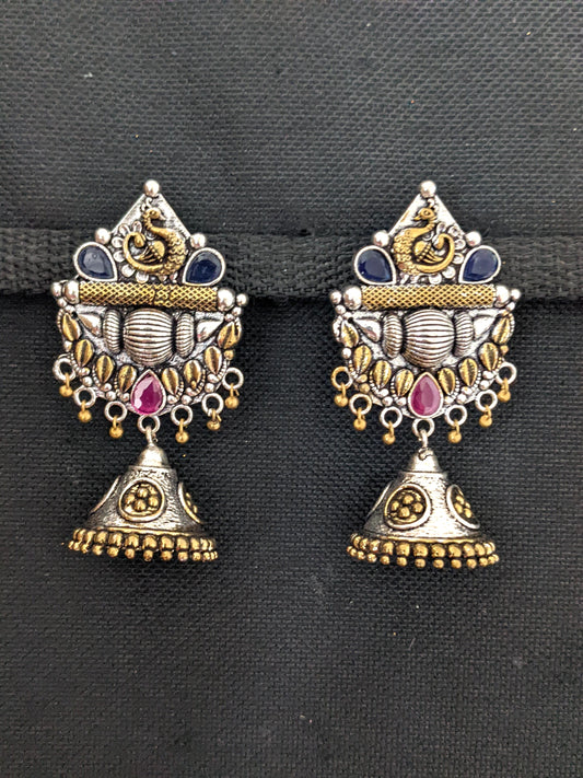 2 tone peacock design with cone jhumka earring