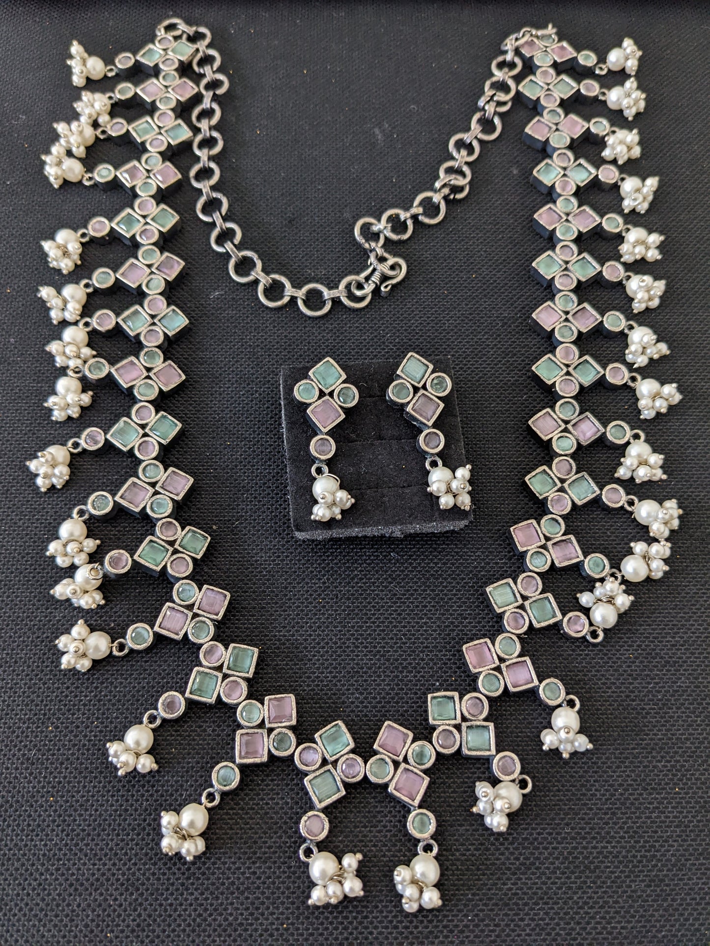 Pastel color CZ stone Guttapusalu Long haram and earrings set
