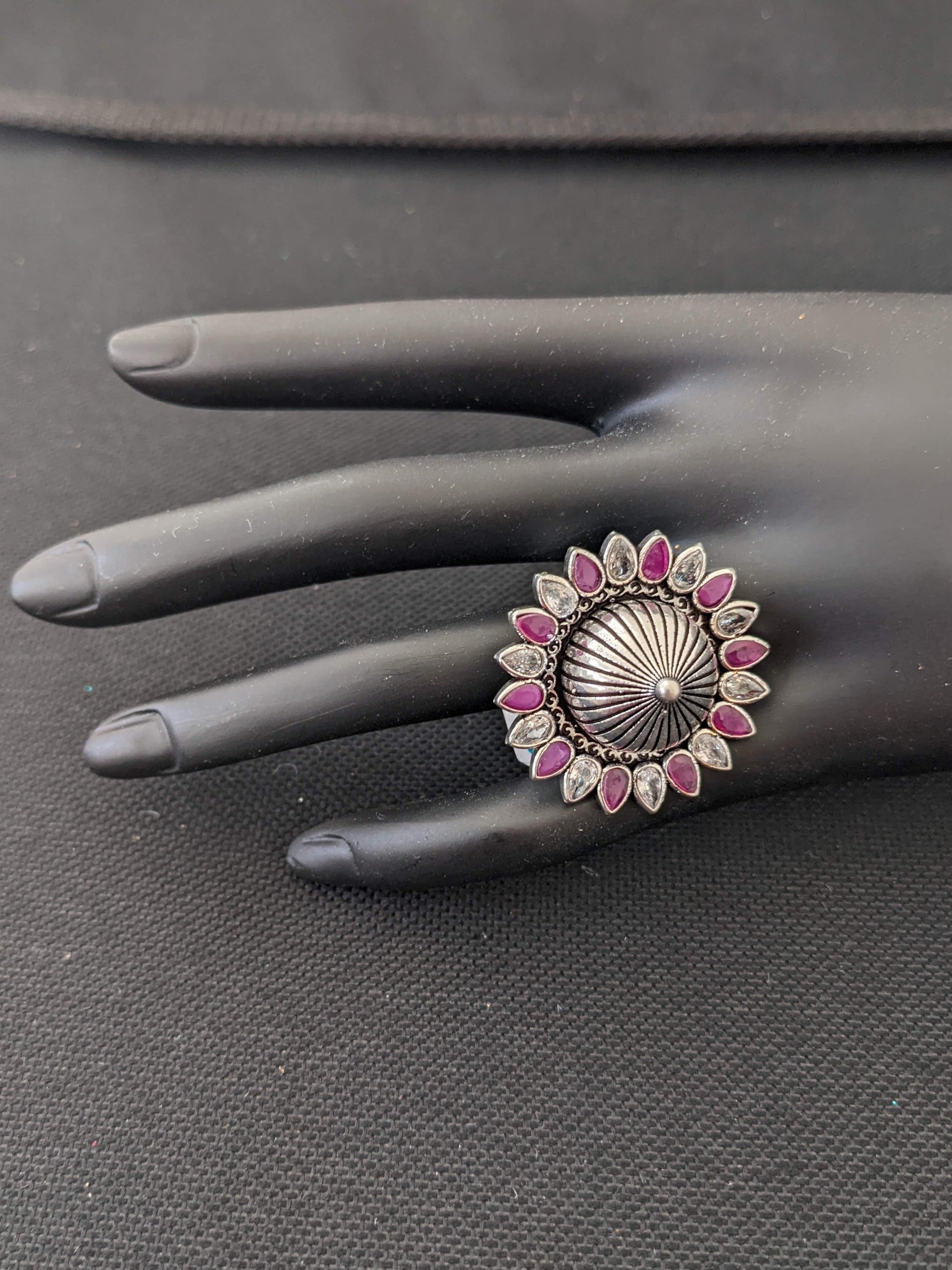 Oxidized silver flower with projected center design adjustable Finger ring - Simpliful