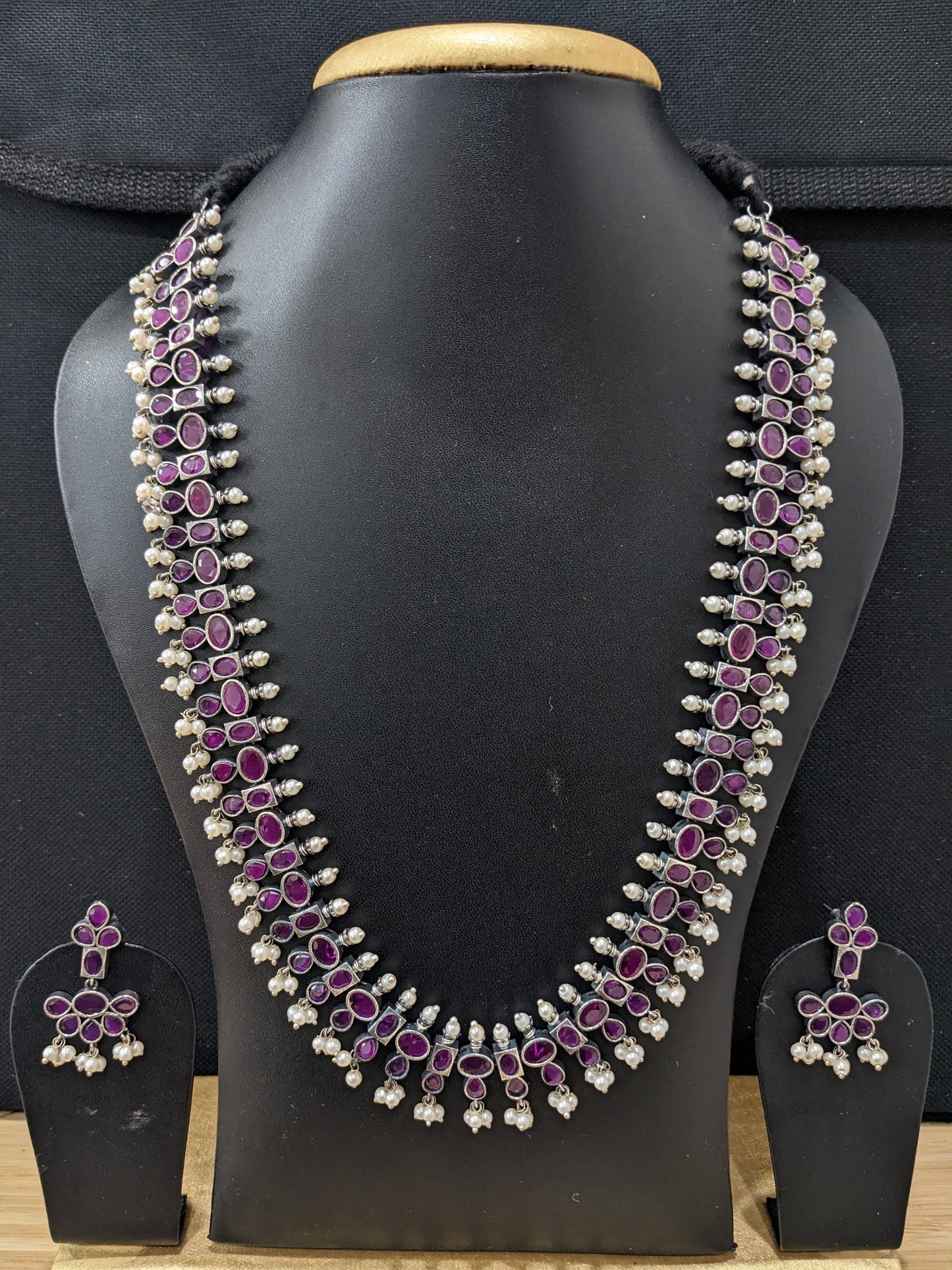 Guttapusalu CZ German Silver Long haram and earrings set