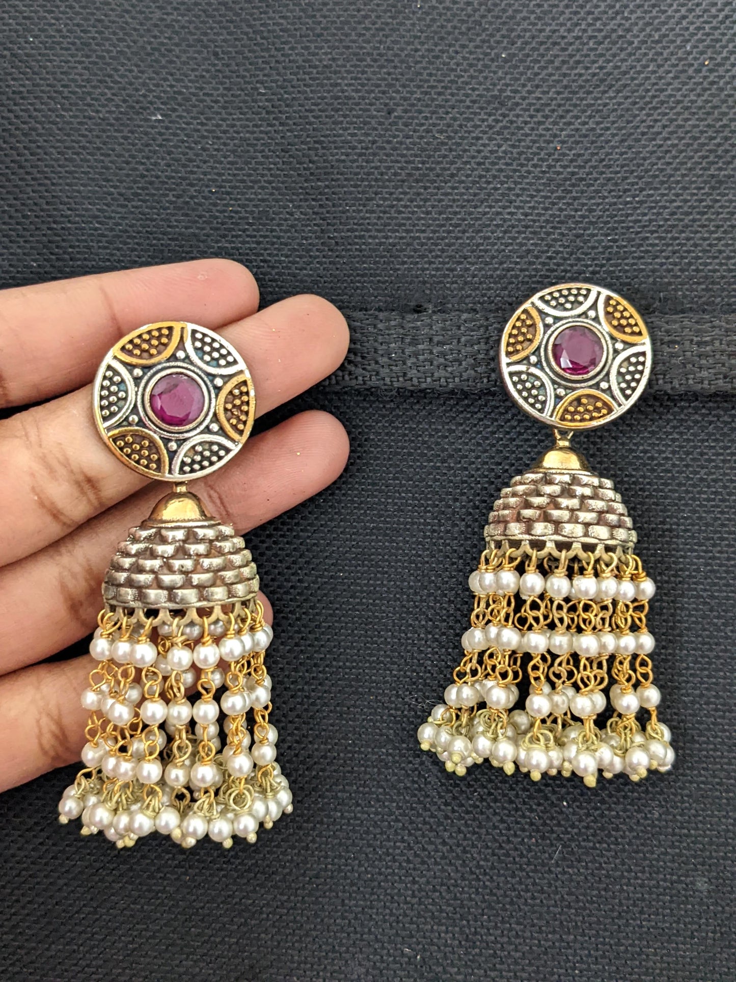 Dual tone oxidized silver pearl dangling CZ jhumka earrings - Simpliful
