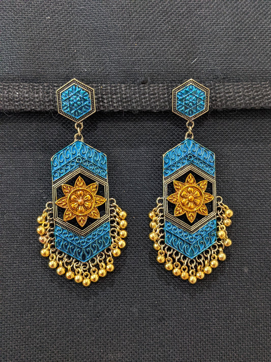 Hexagon stud with matte meenakari work gold bead hanging long antique earring - Simpliful
