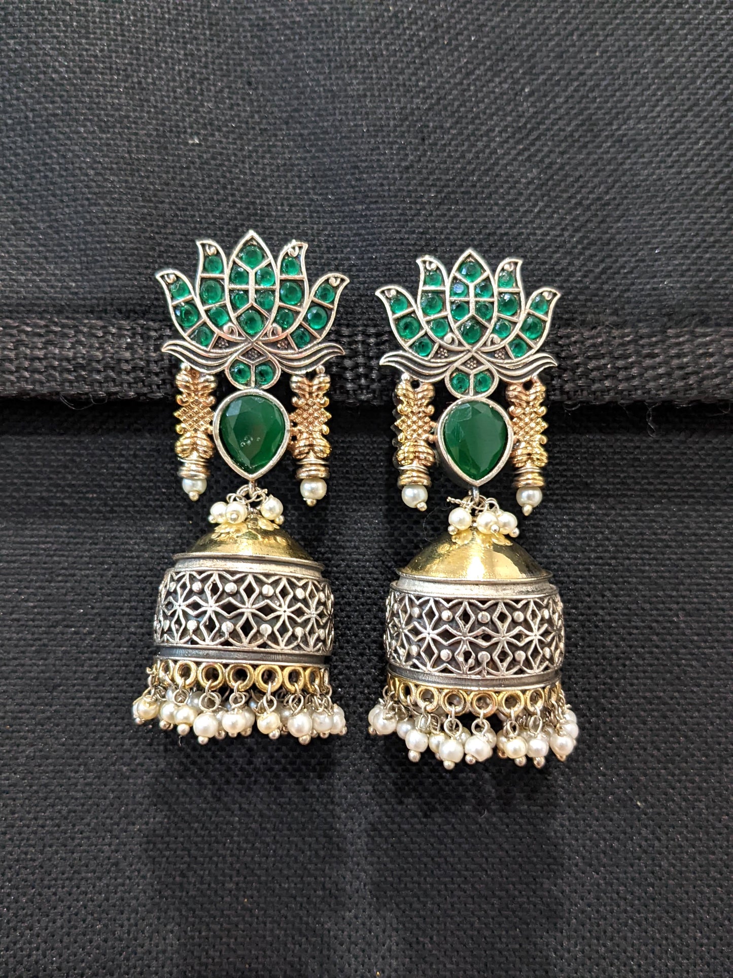 German Silver Dual Tone Lotus Jhumka Earrings