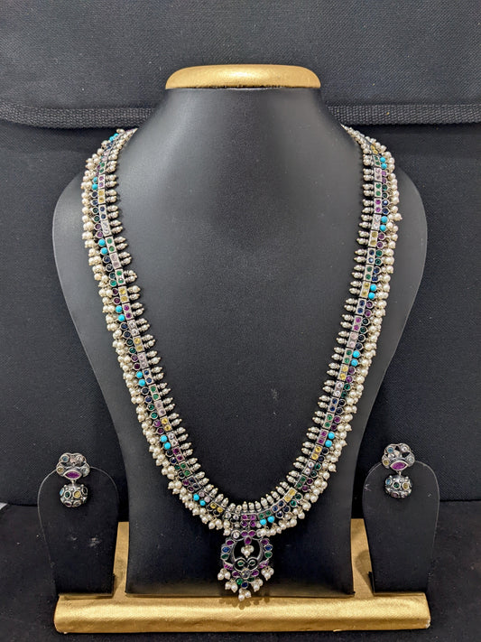 Multi color CZ stone Guttapusalu German Silver Long haram and earrings set