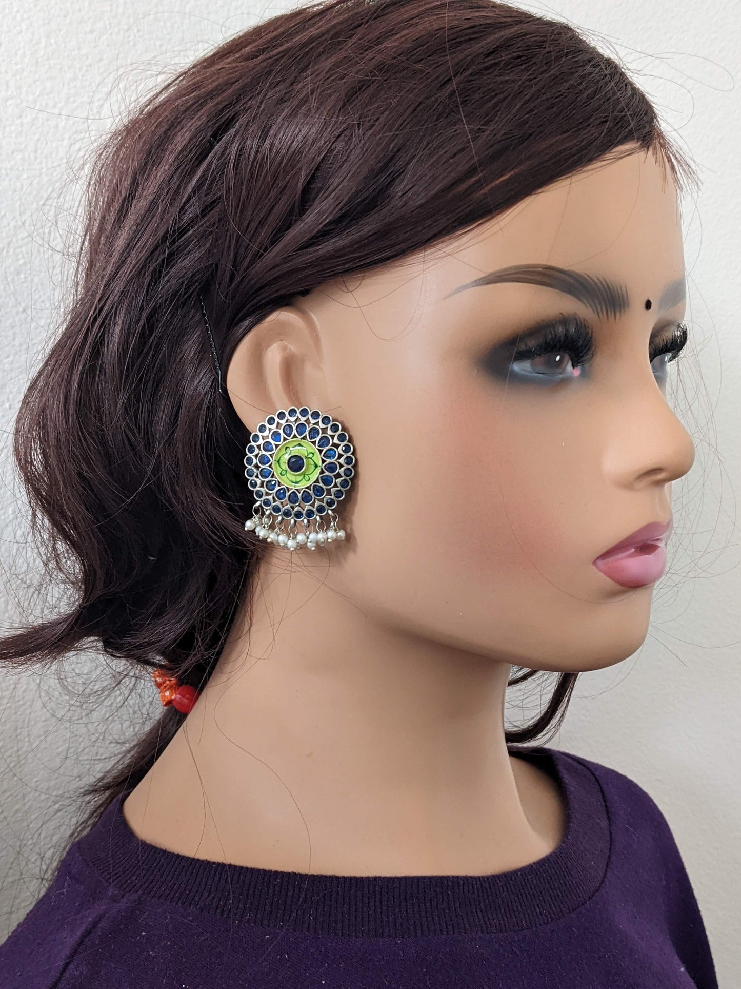 German Silver CZ stone Enamel Round Stud Earrings