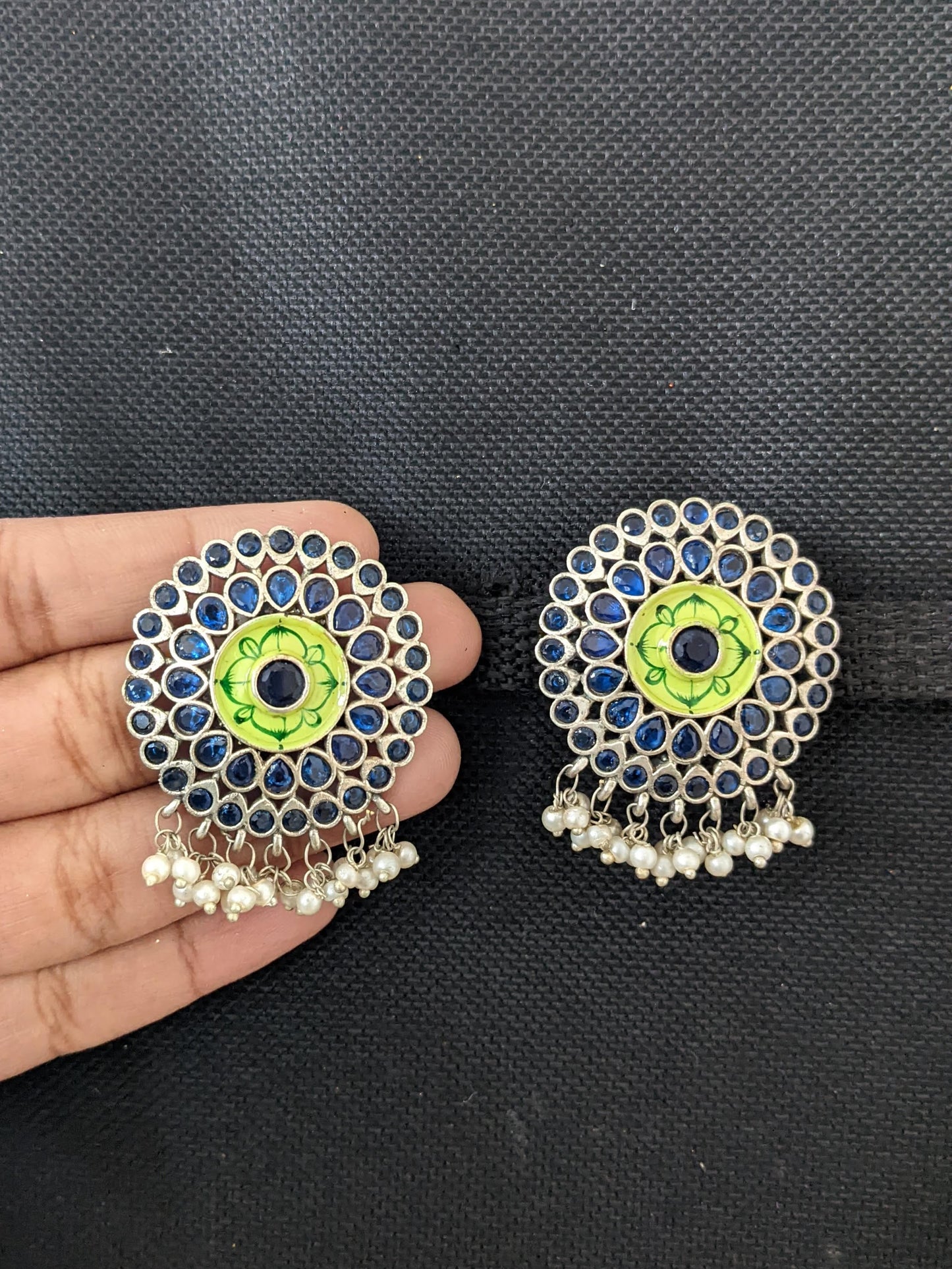 German Silver CZ stone Enamel Round Stud Earrings