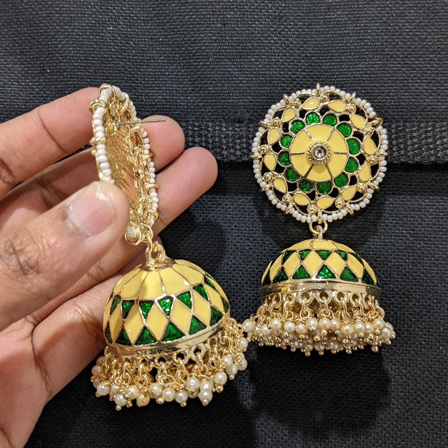 Yellow Green XL Size Enamel jhumka earrings