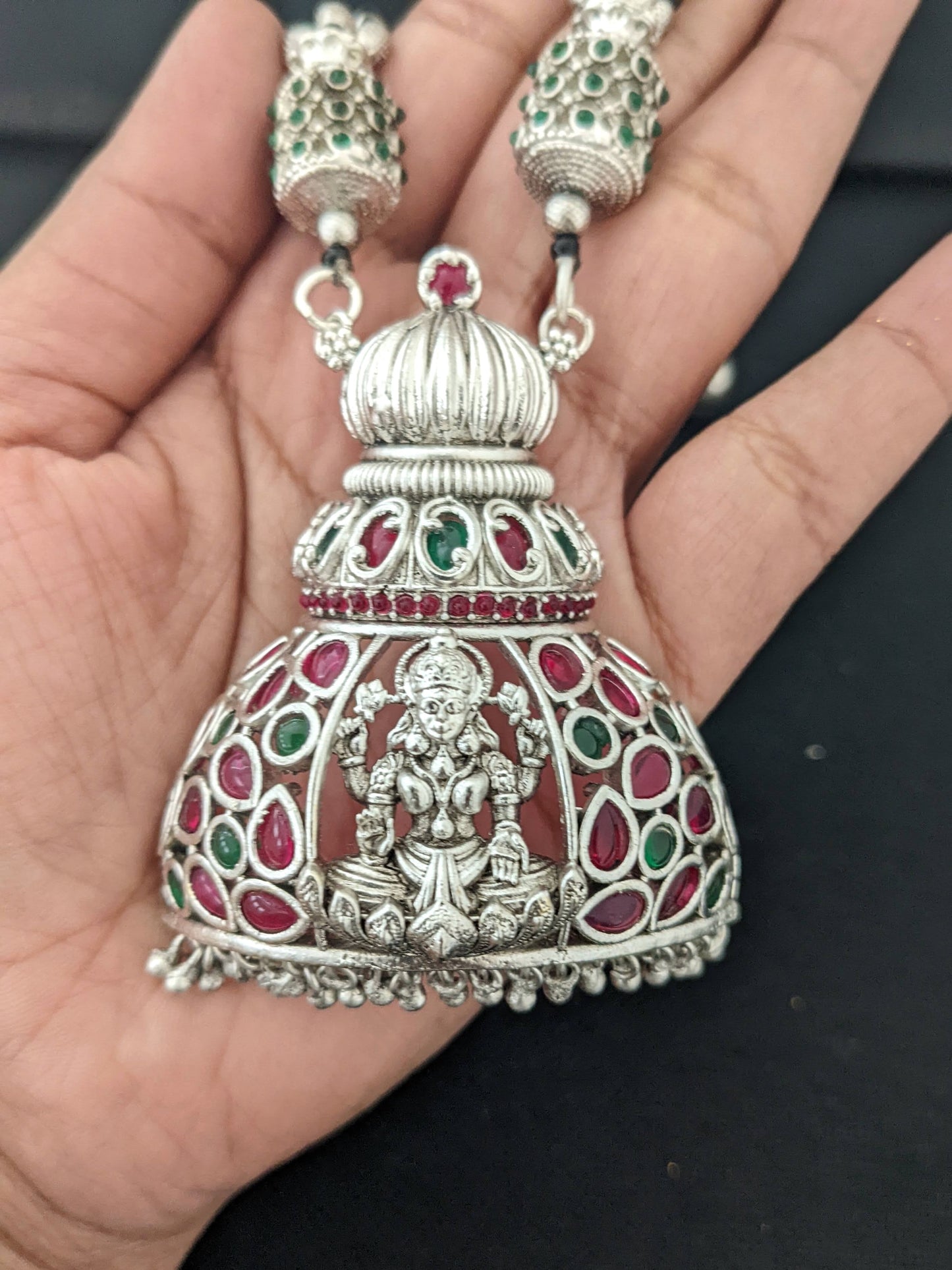 Lakshmi ji Matte Silver rhodium Pendant and jhumka earrings set