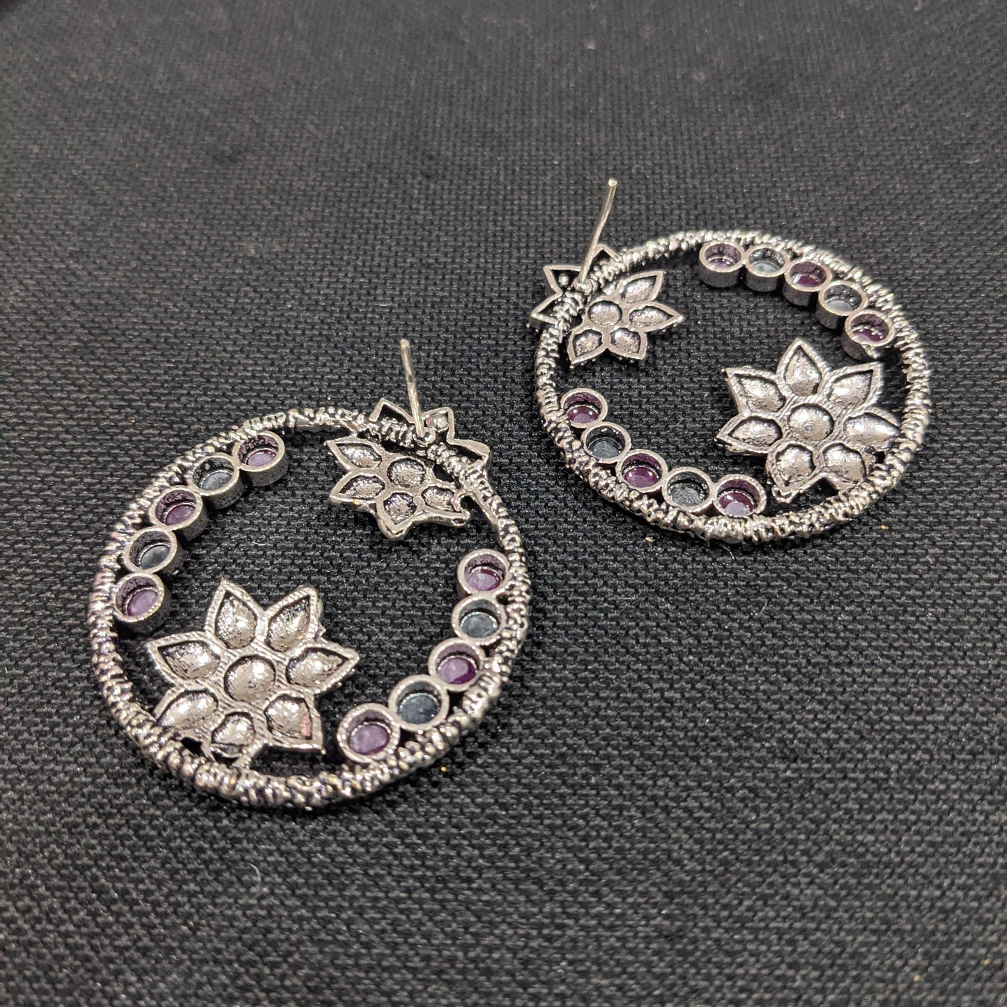 Double flower design oxidized silver CZ stone Large Stud Earrings