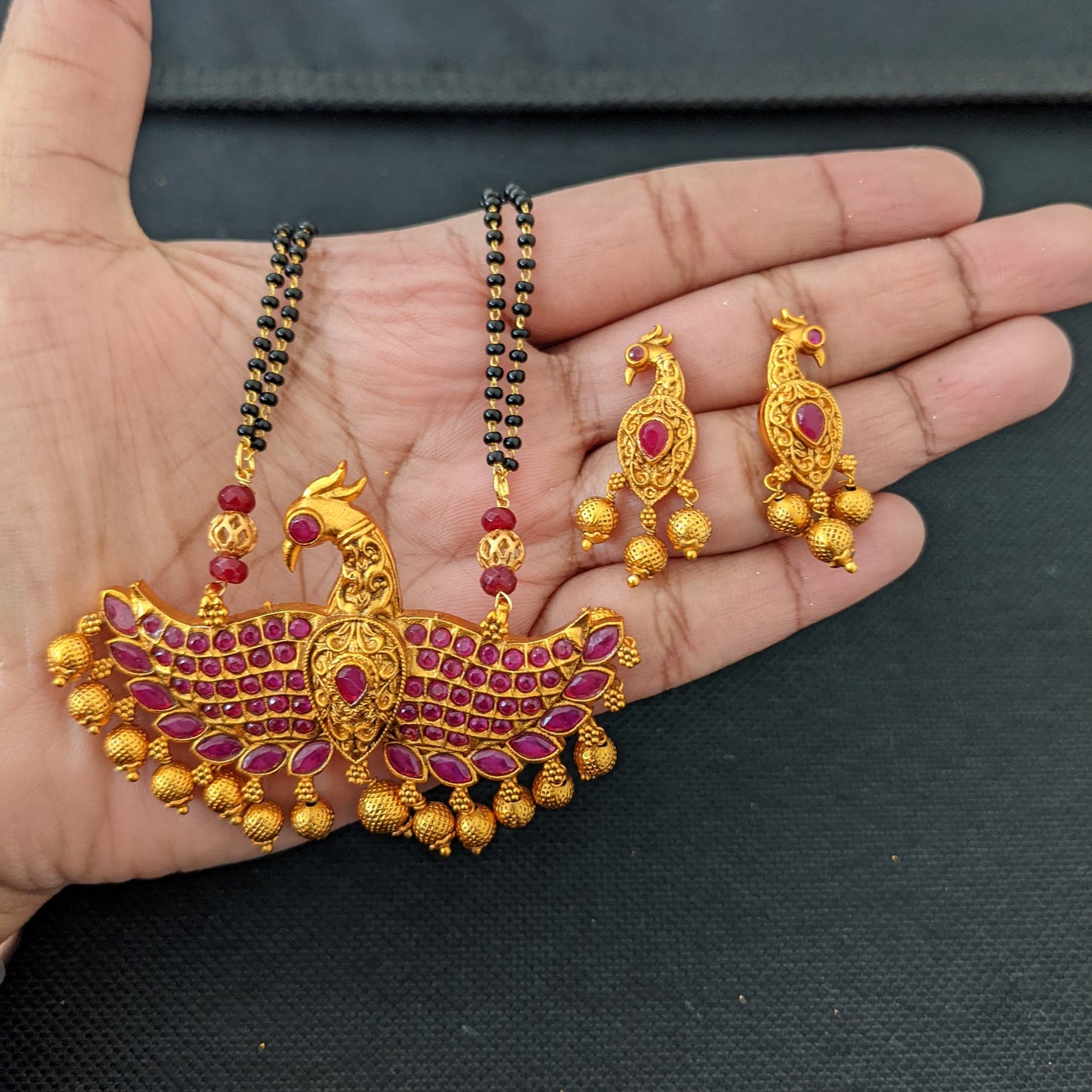 Mangalsutra - Ruby Kemp Pendant and Earrings set - Dual strand - Peacock design