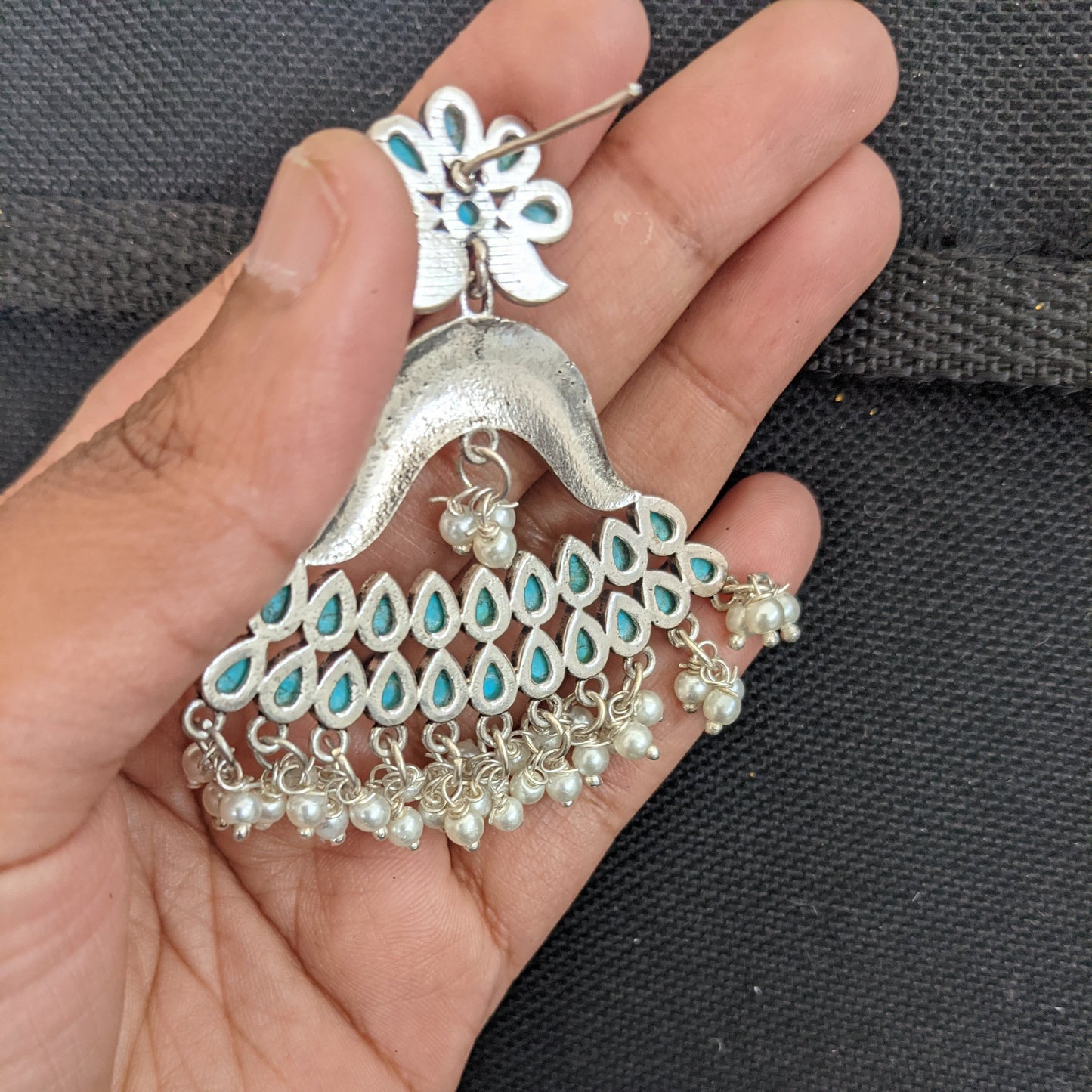 Pearl cluster bead hanging polki stone design silver oxidized earring - Simpliful