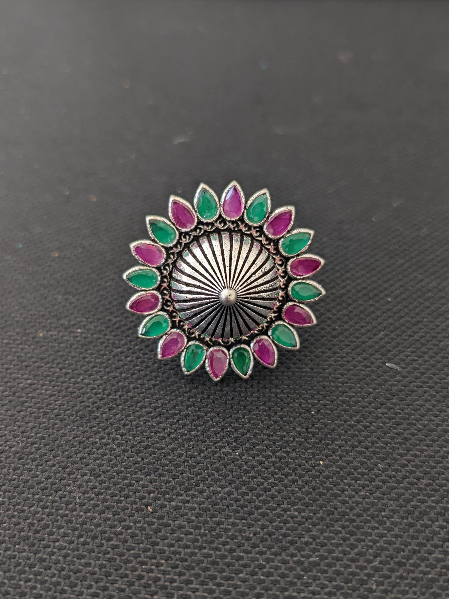 Oxidized silver flower with projected center design adjustable Finger ring - Simpliful