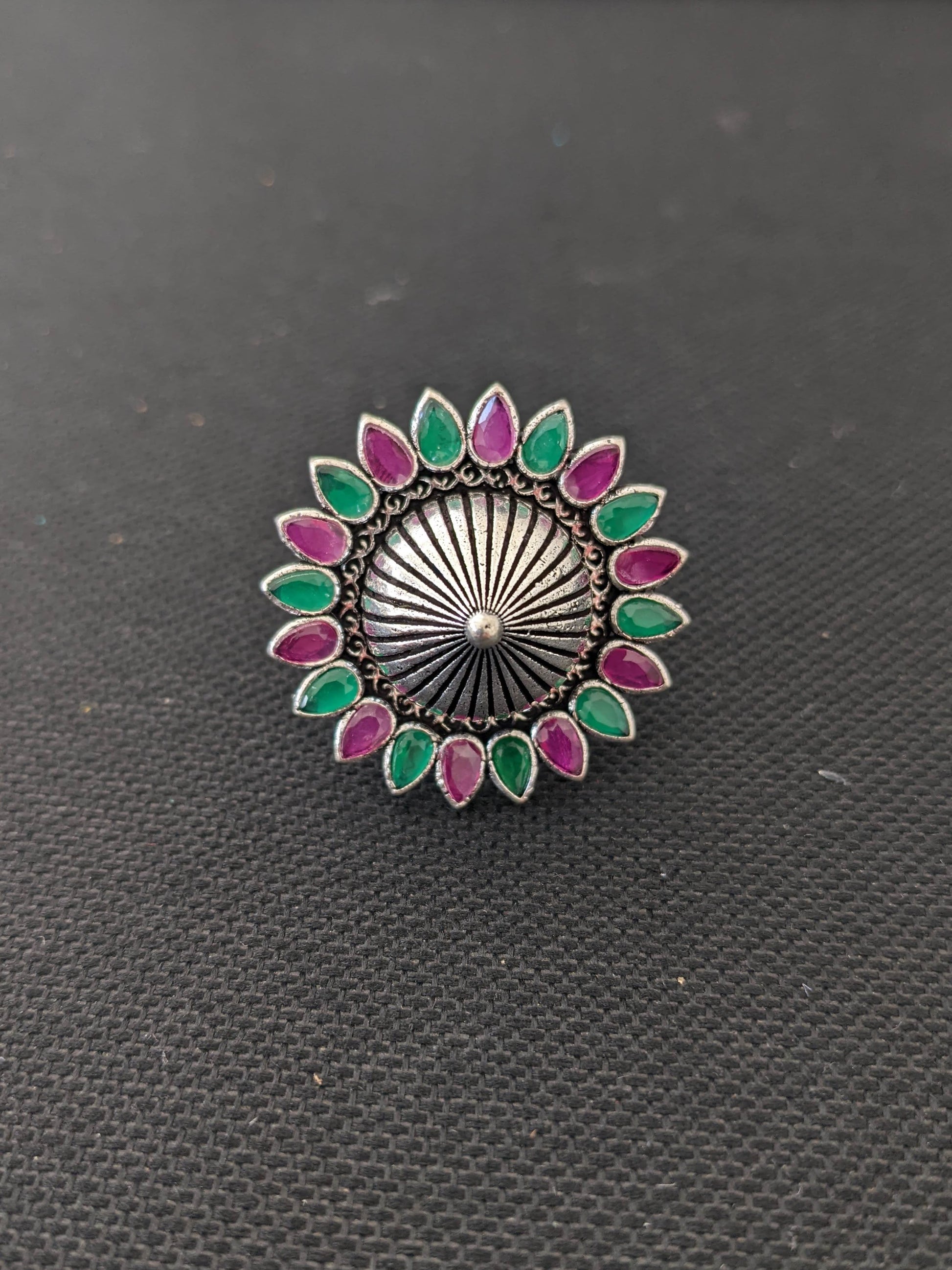 Oxidized silver flower with projected center design adjustable Finger ring - Simpliful
