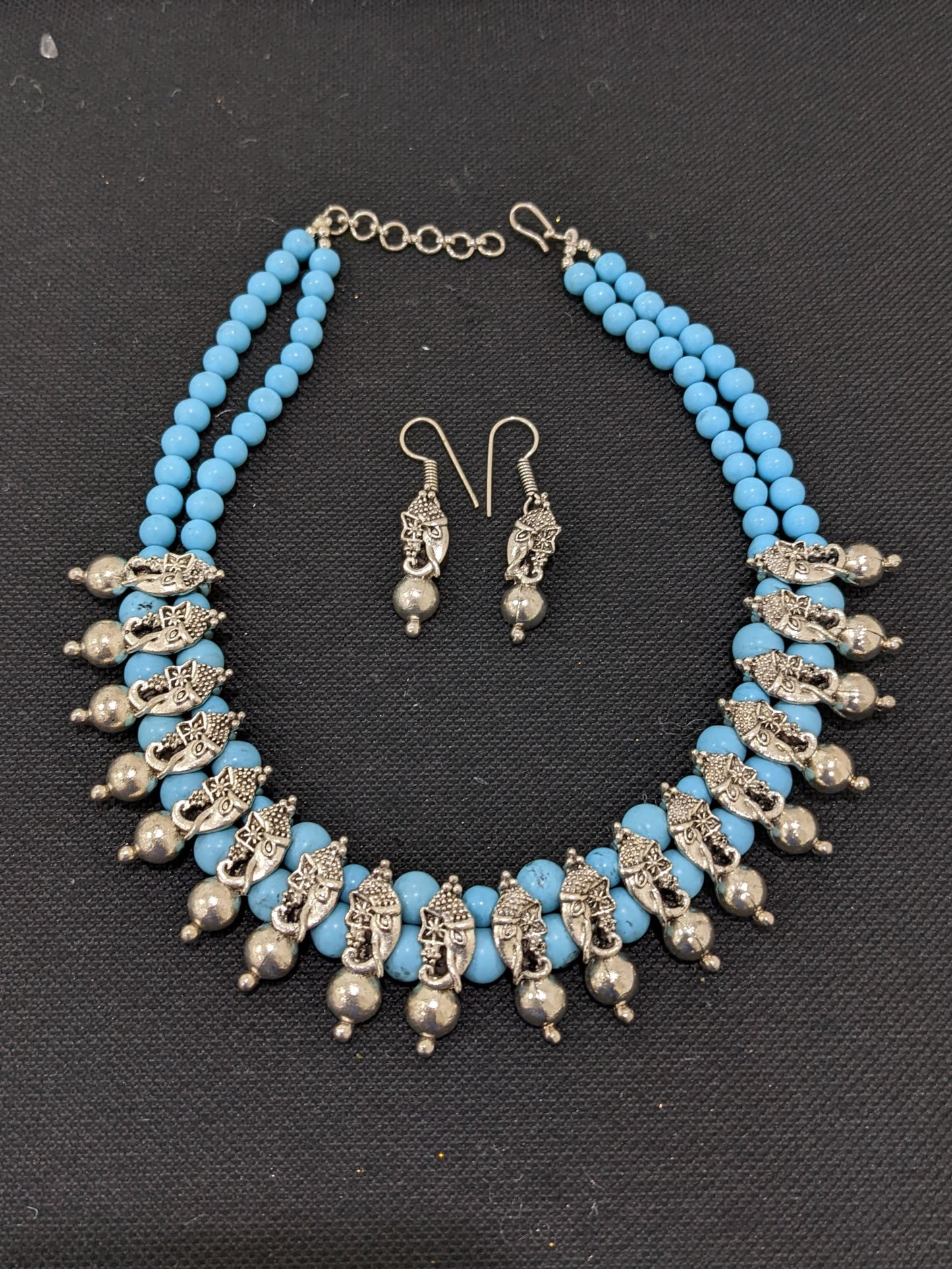 Dual strand bead Charm choker Necklace and hook drop earrings set