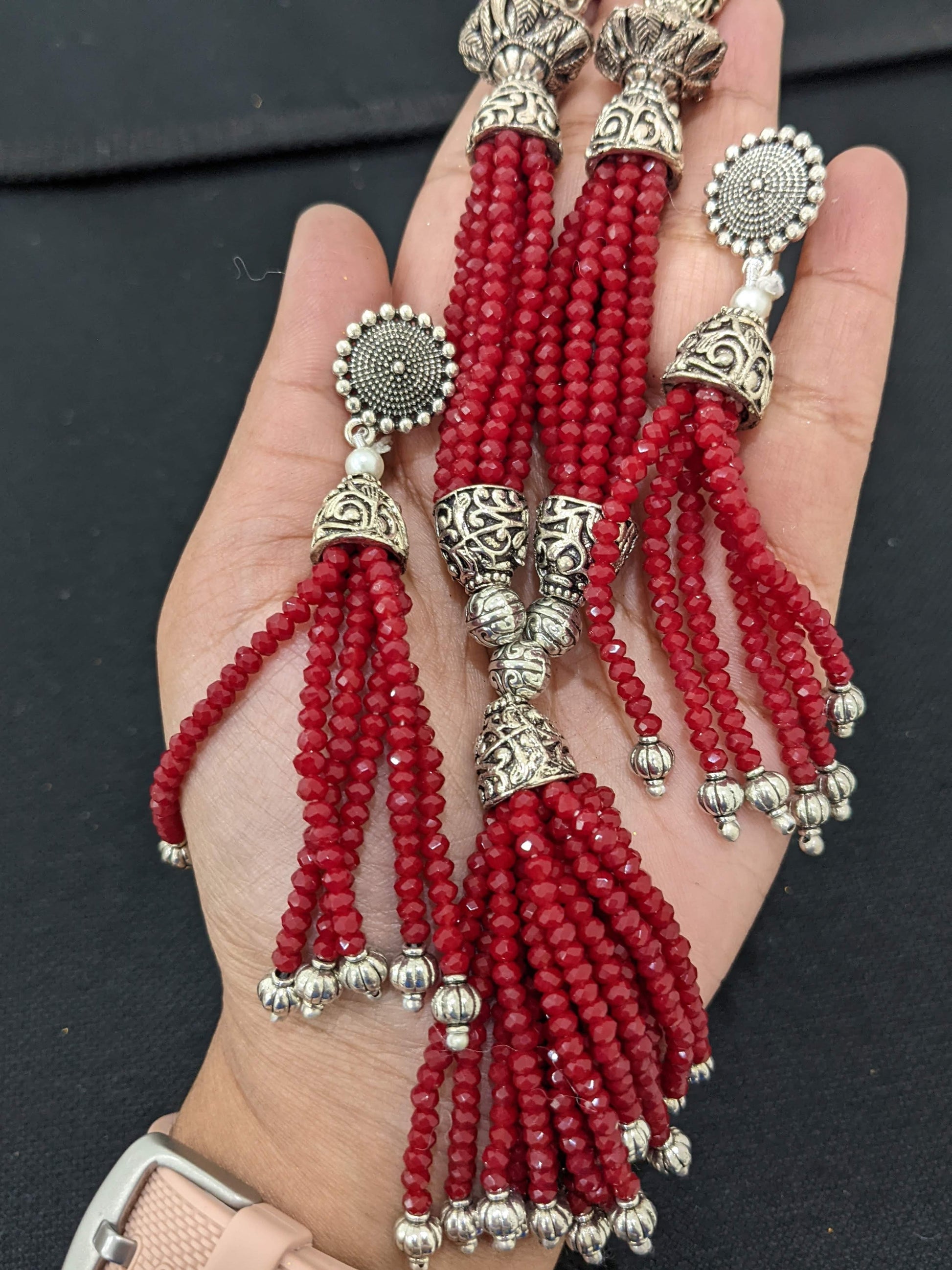 Crystal bead multi stranded tassel style oxidized long chain necklace and earring set - Simpliful