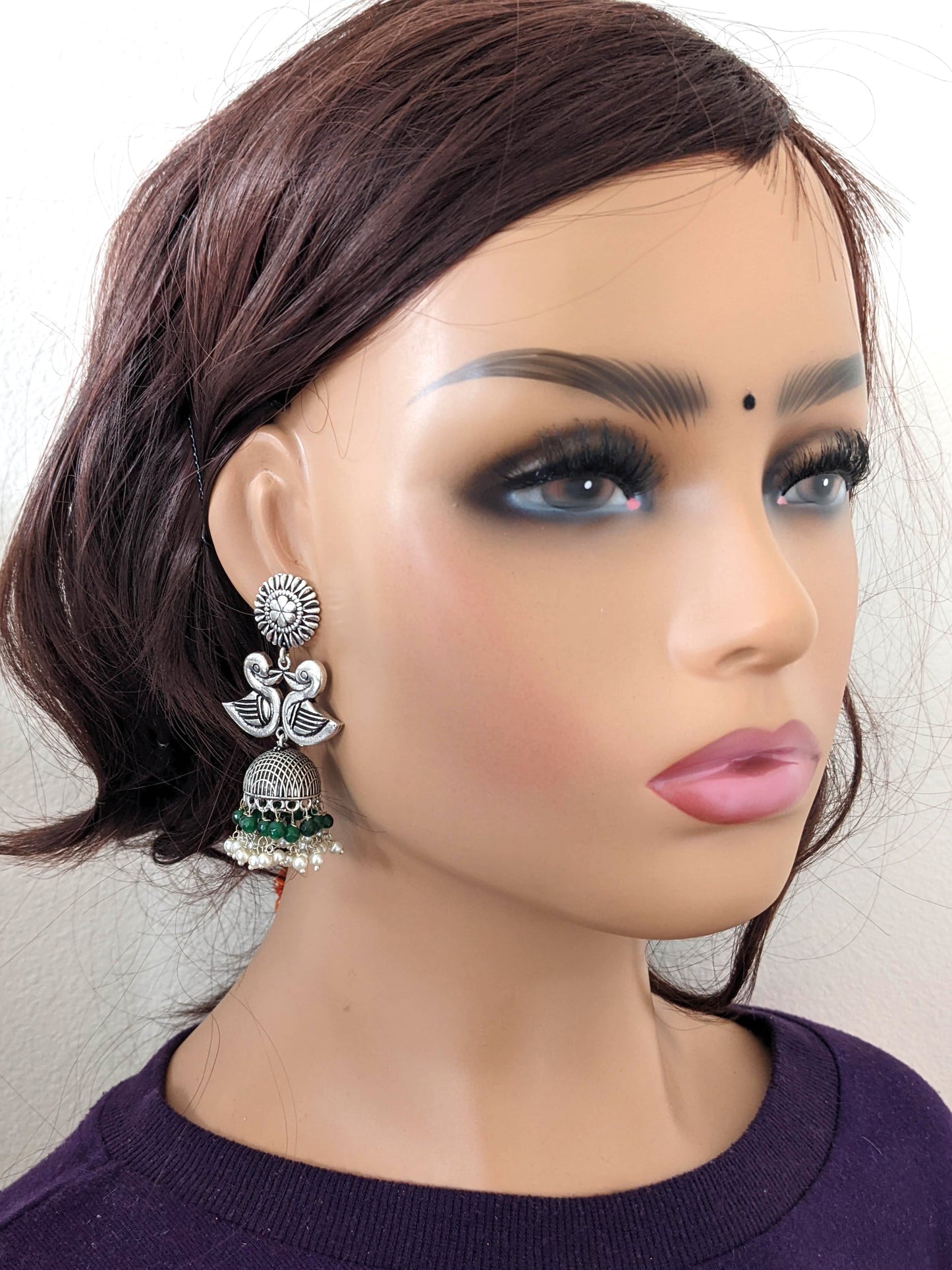Oxidized silver dual swan jhumka Earrings - Simpliful