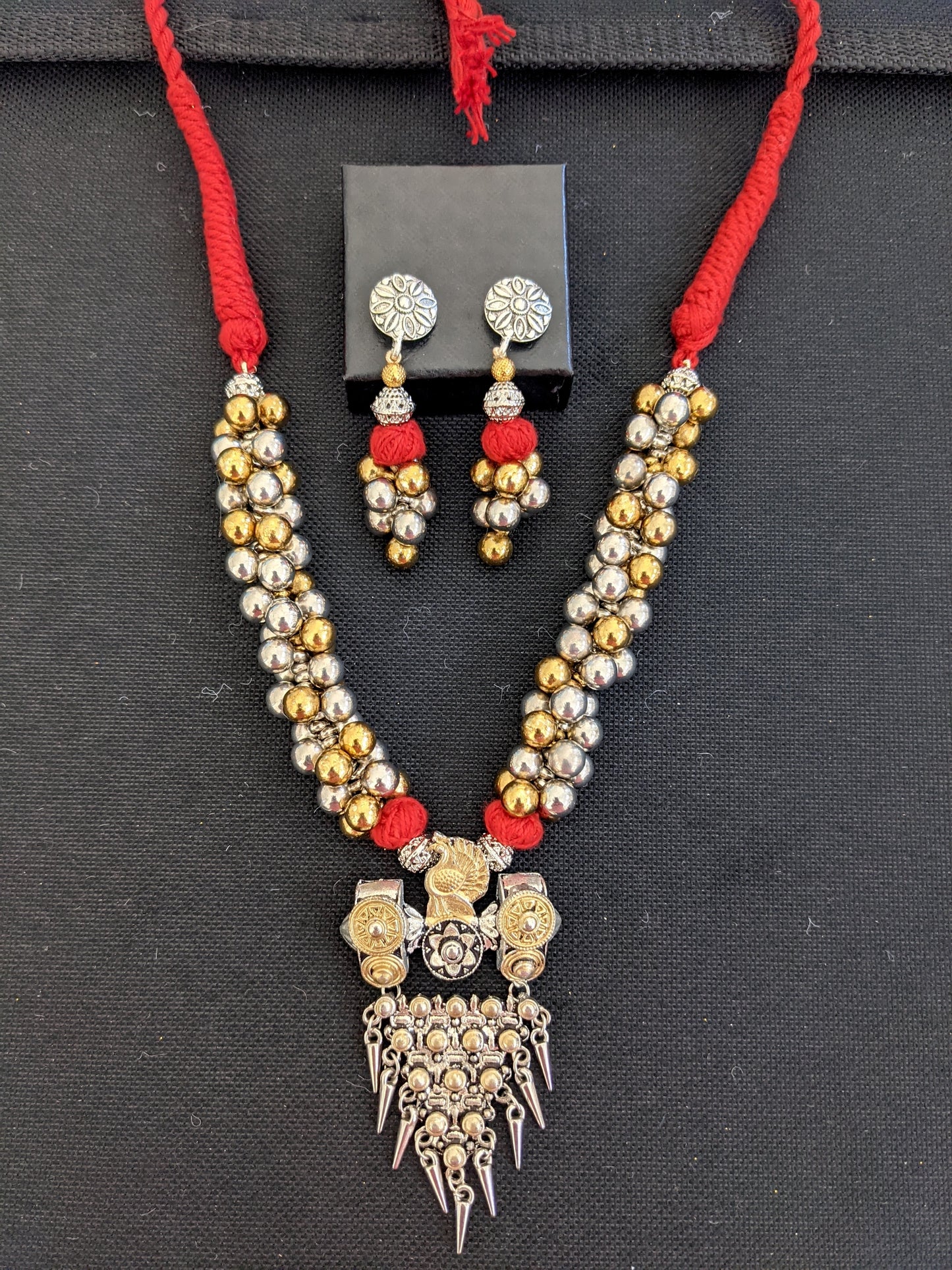 2 tone triangle pendant with colorful thread Necklace and earrings set