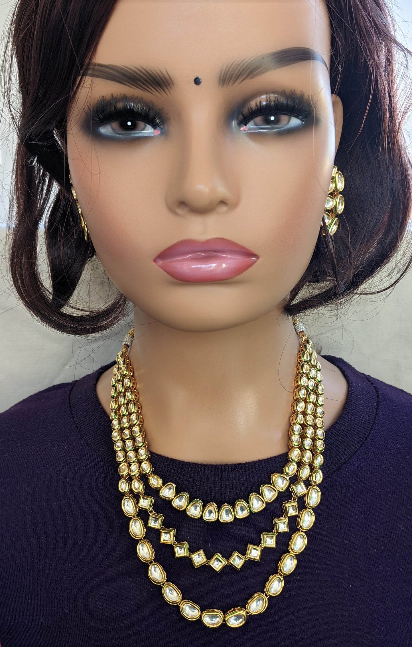 Triple Line Kundan Choker Necklace and Earrings set