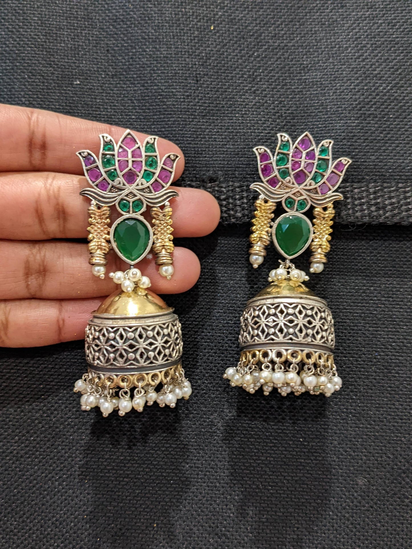 German Silver Dual Tone Lotus Jhumka Earrings