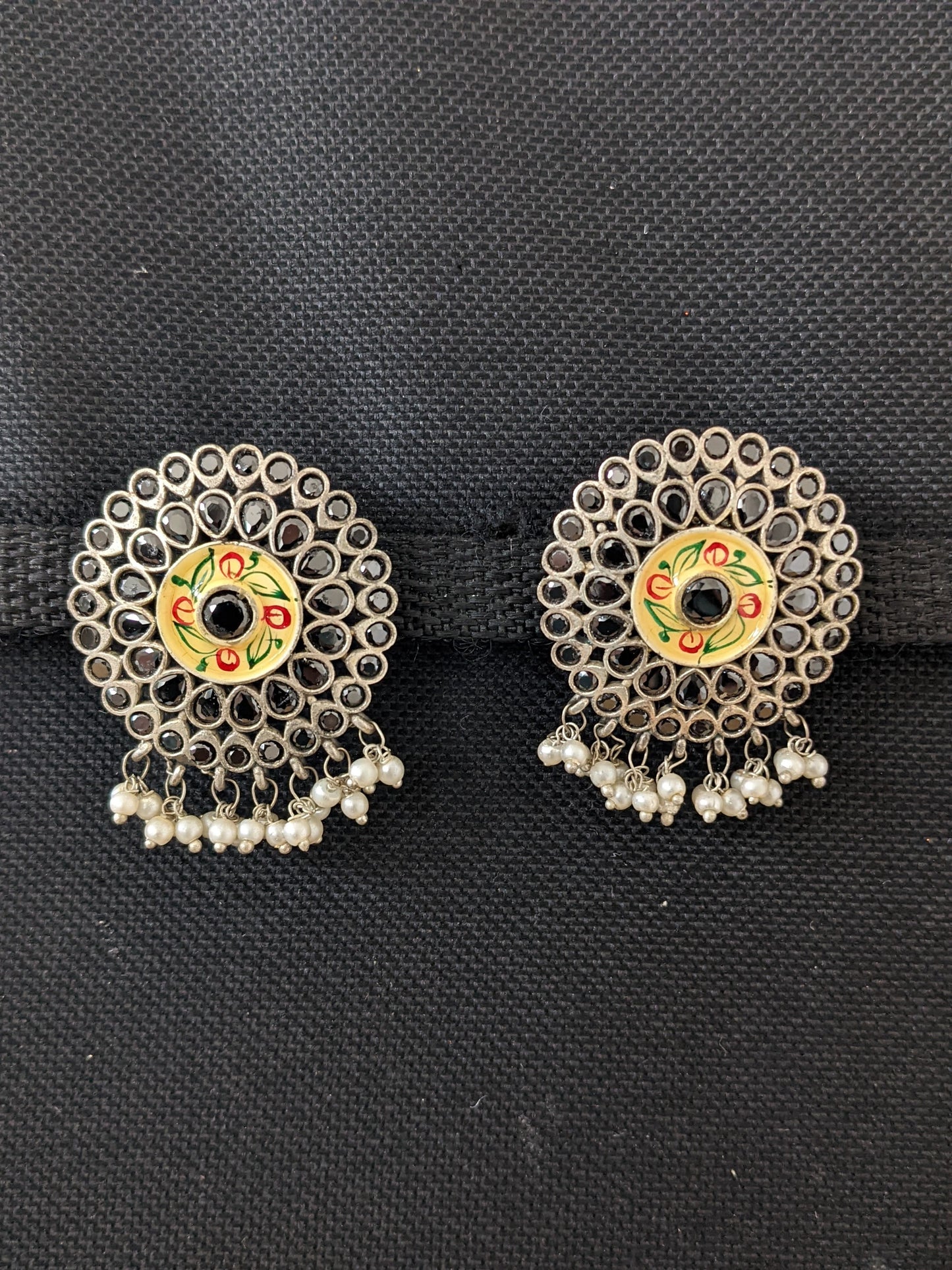 German Silver CZ stone Enamel Round Stud Earrings