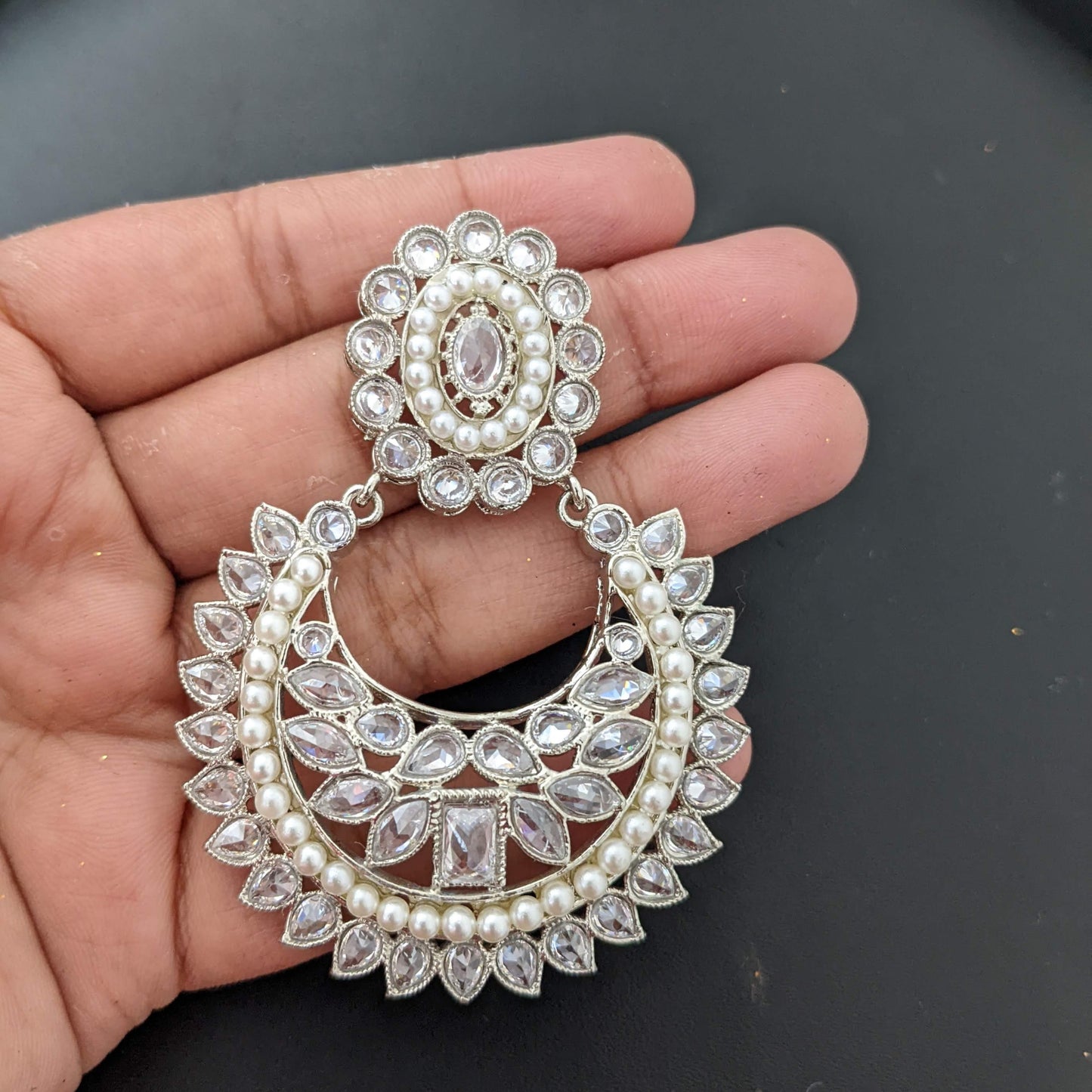 Silver rhodium polished - Chick collar style choker necklace and Ramleela style earring set - Simpliful