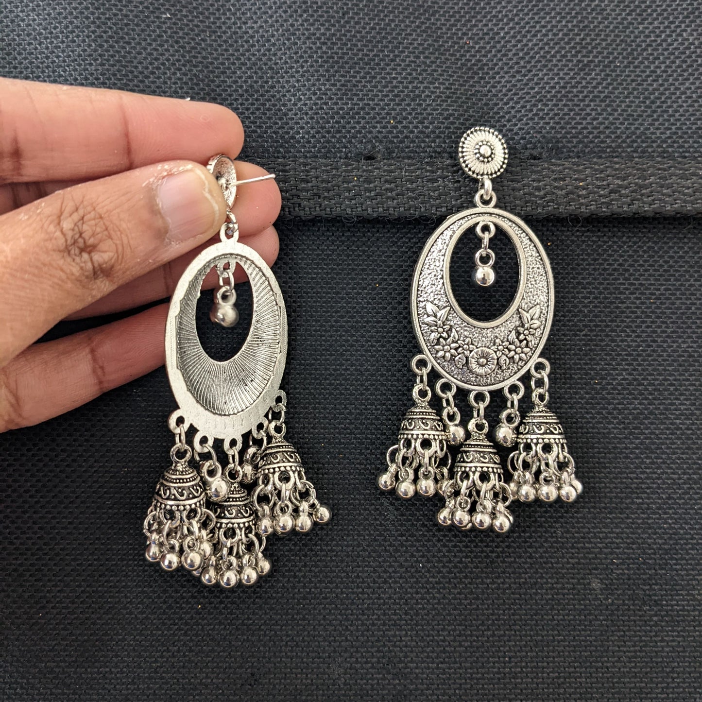 Multiple jhumka hanging Oxidized Silver Long earrings - 3 different designs - Simpliful