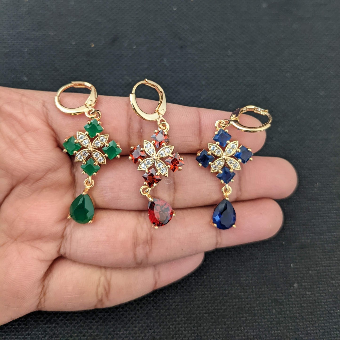 Diamond Flower design CZ stone ring style drop earrings