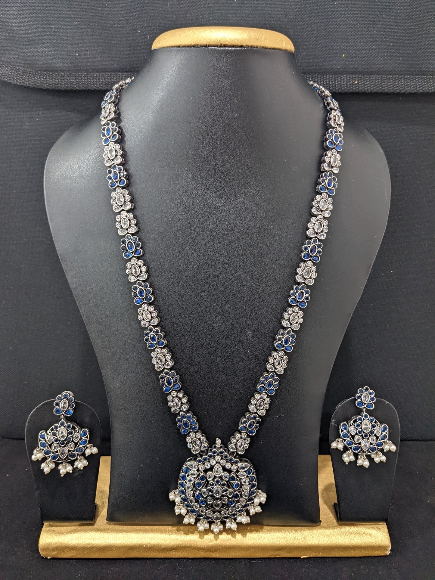 Flower design CZ stone German Silver Long haram and earrings set