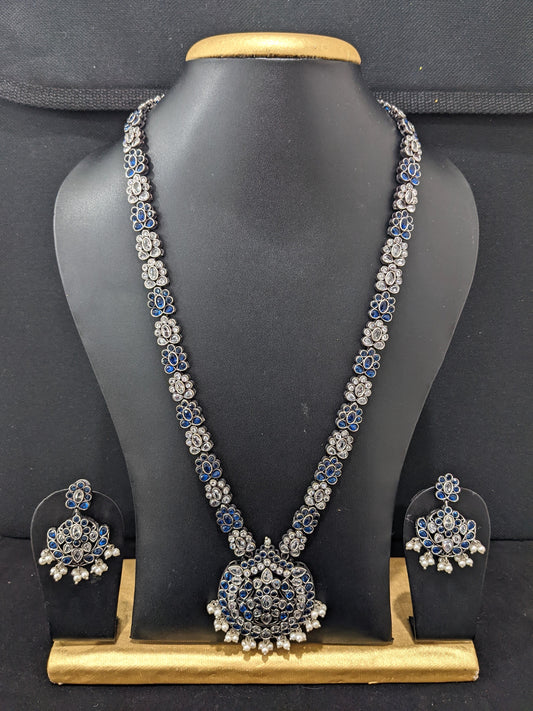 Flower design CZ stone German Silver Long haram and earrings set