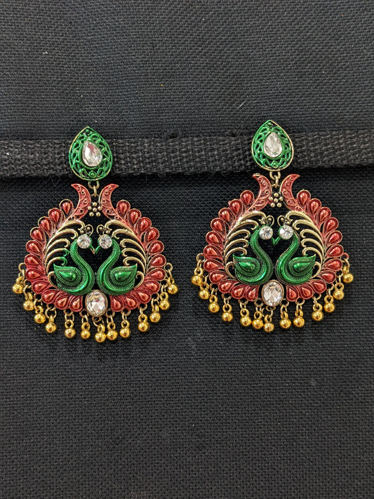 Tear drop stud with matte meenakari work gold bead hanging dual peacock antique earring - Simpliful