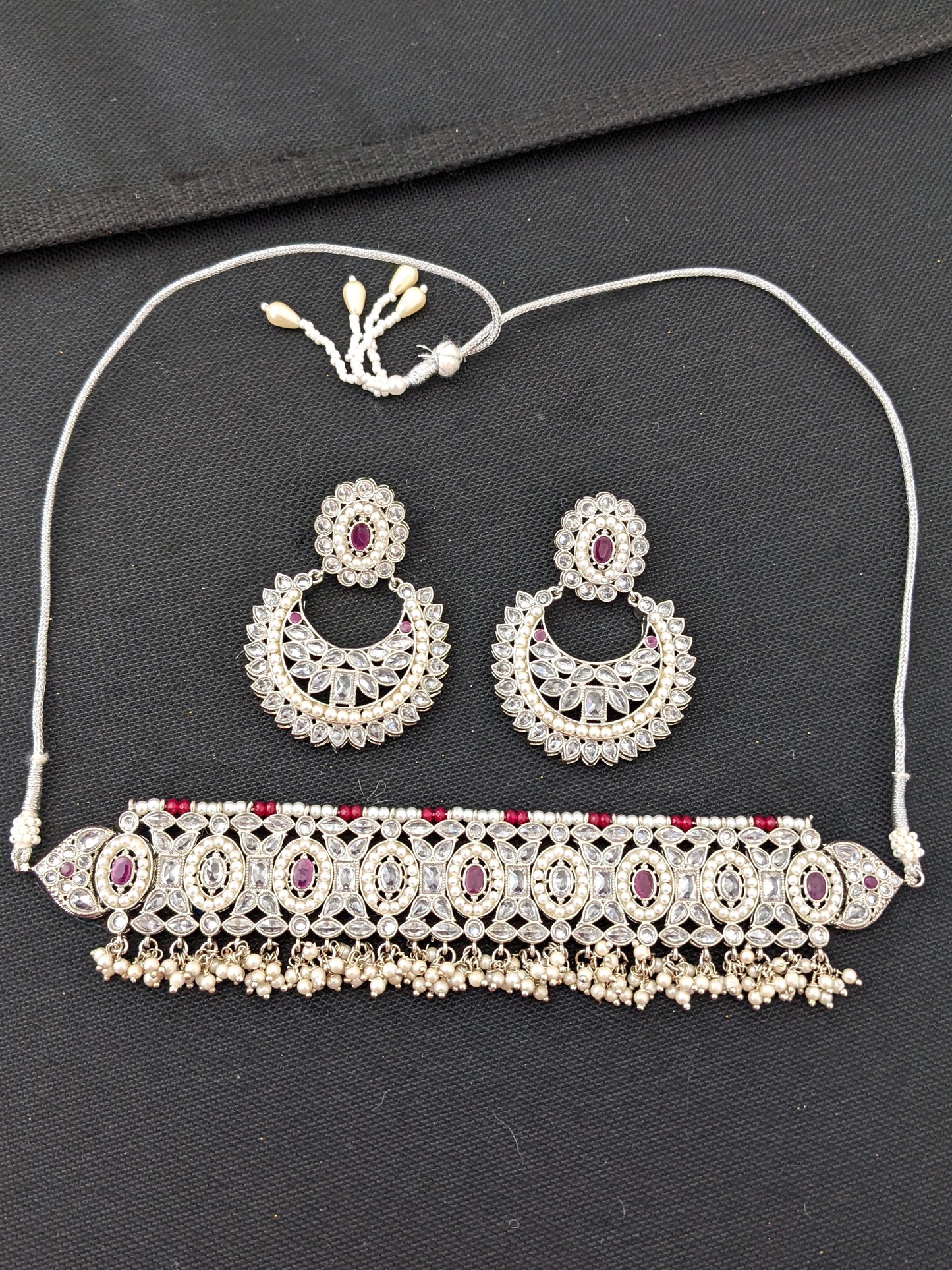 Silver rhodium polished - Chick collar style choker necklace and Ramleela style earring set - Simpliful